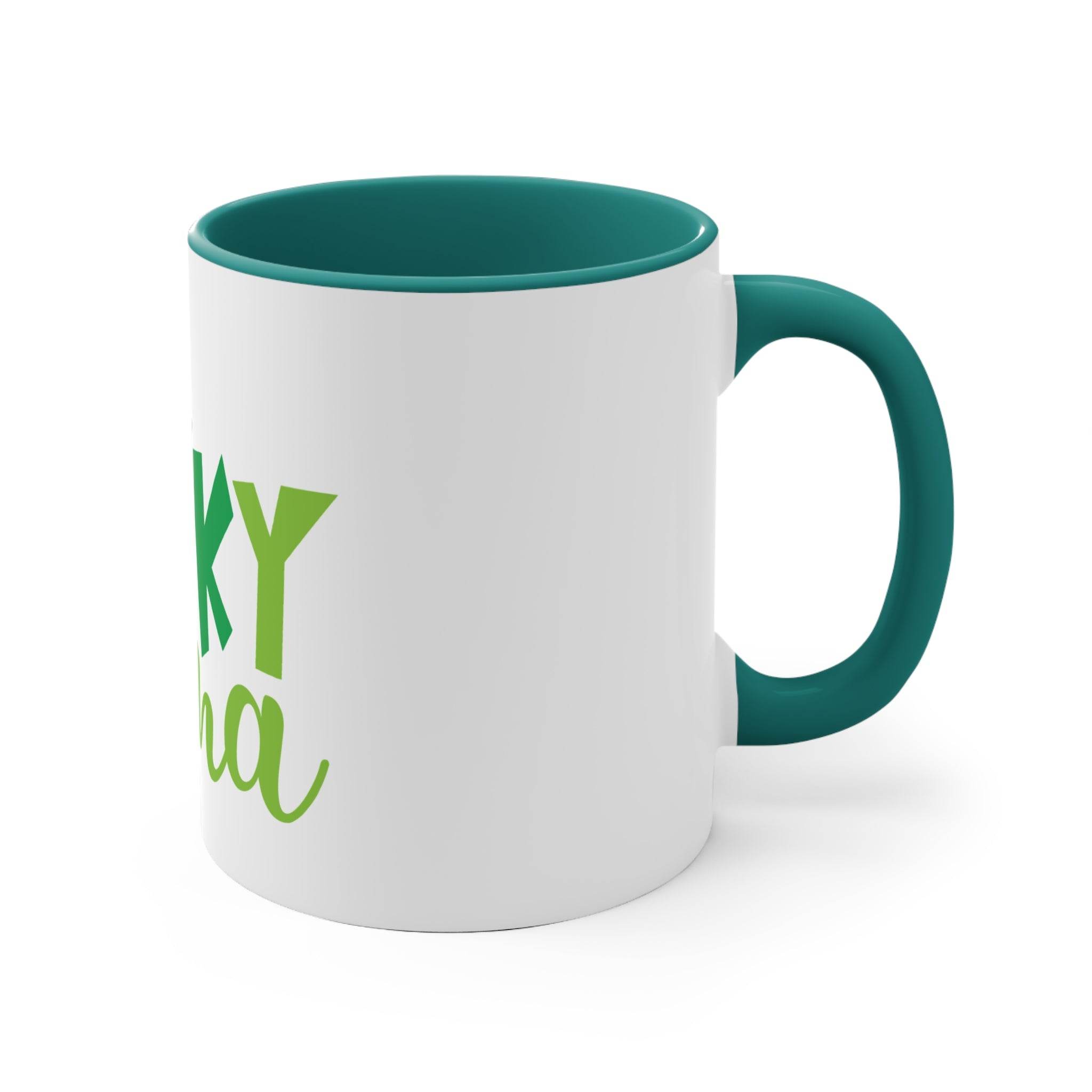 Printify eco-friendly accent mug with white exterior and teal handle and interior