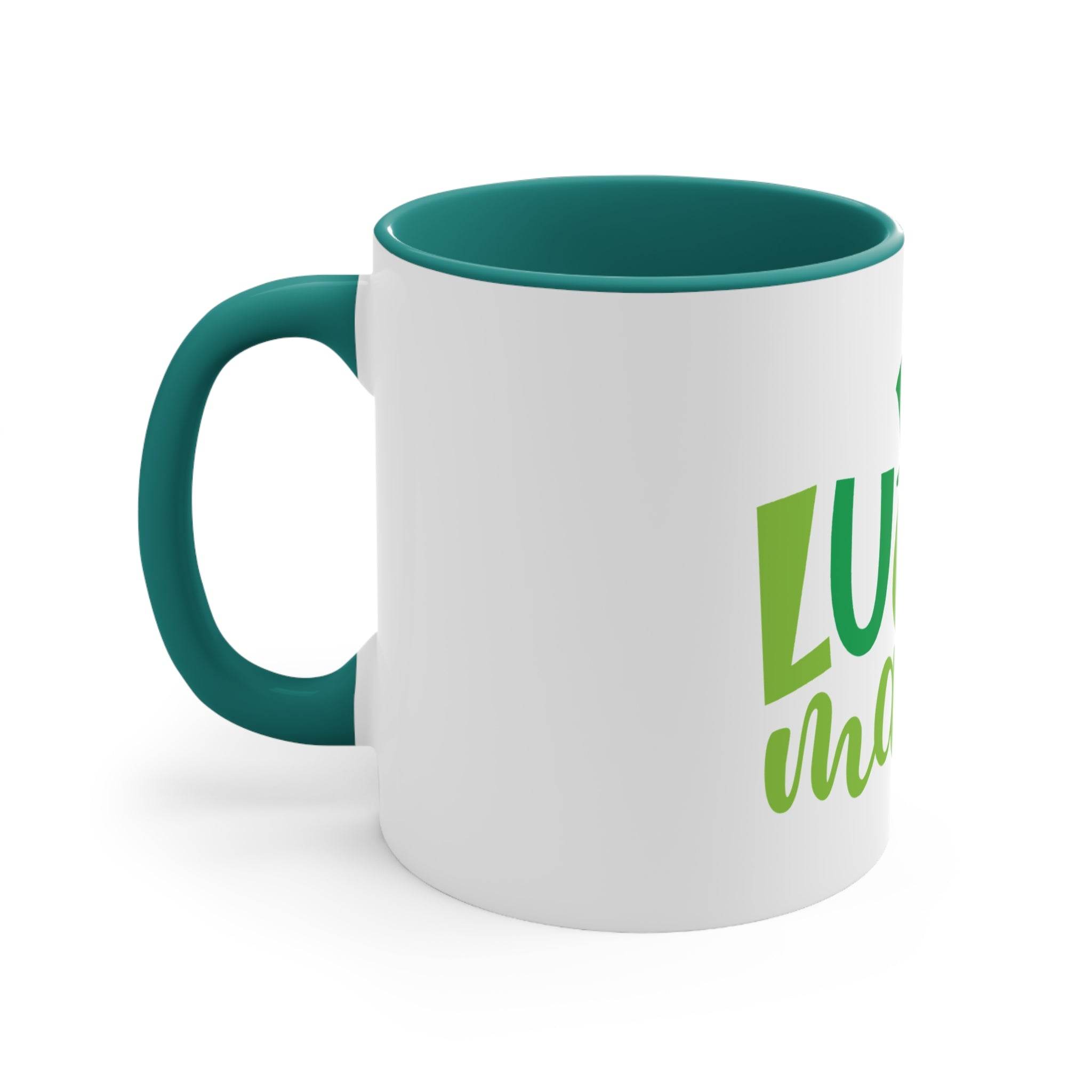 Printify eco-friendly accent mug with green handle and interior, white exterior with partial green text
