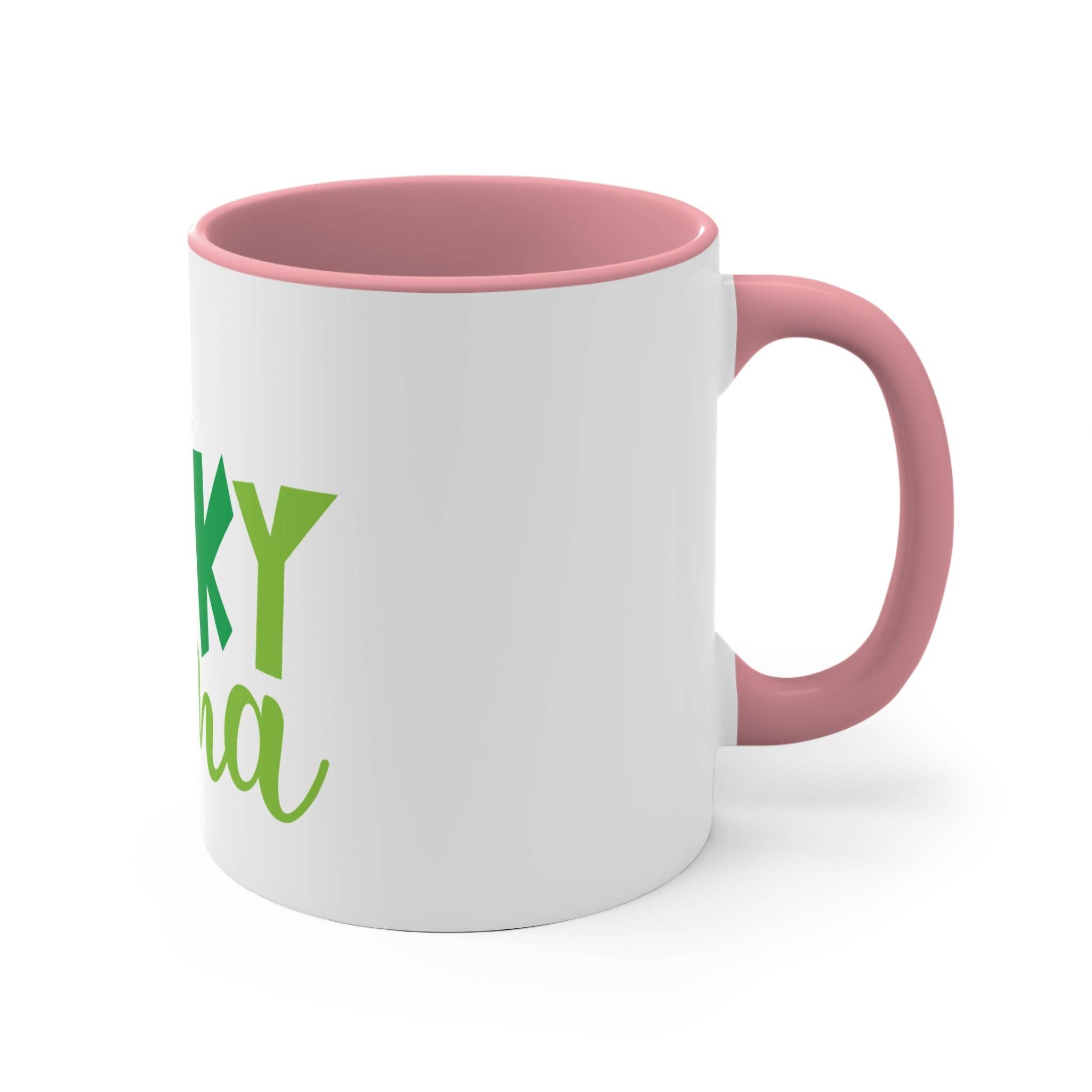 Printify eco-friendly accent mug with pink handle and rim and green text design