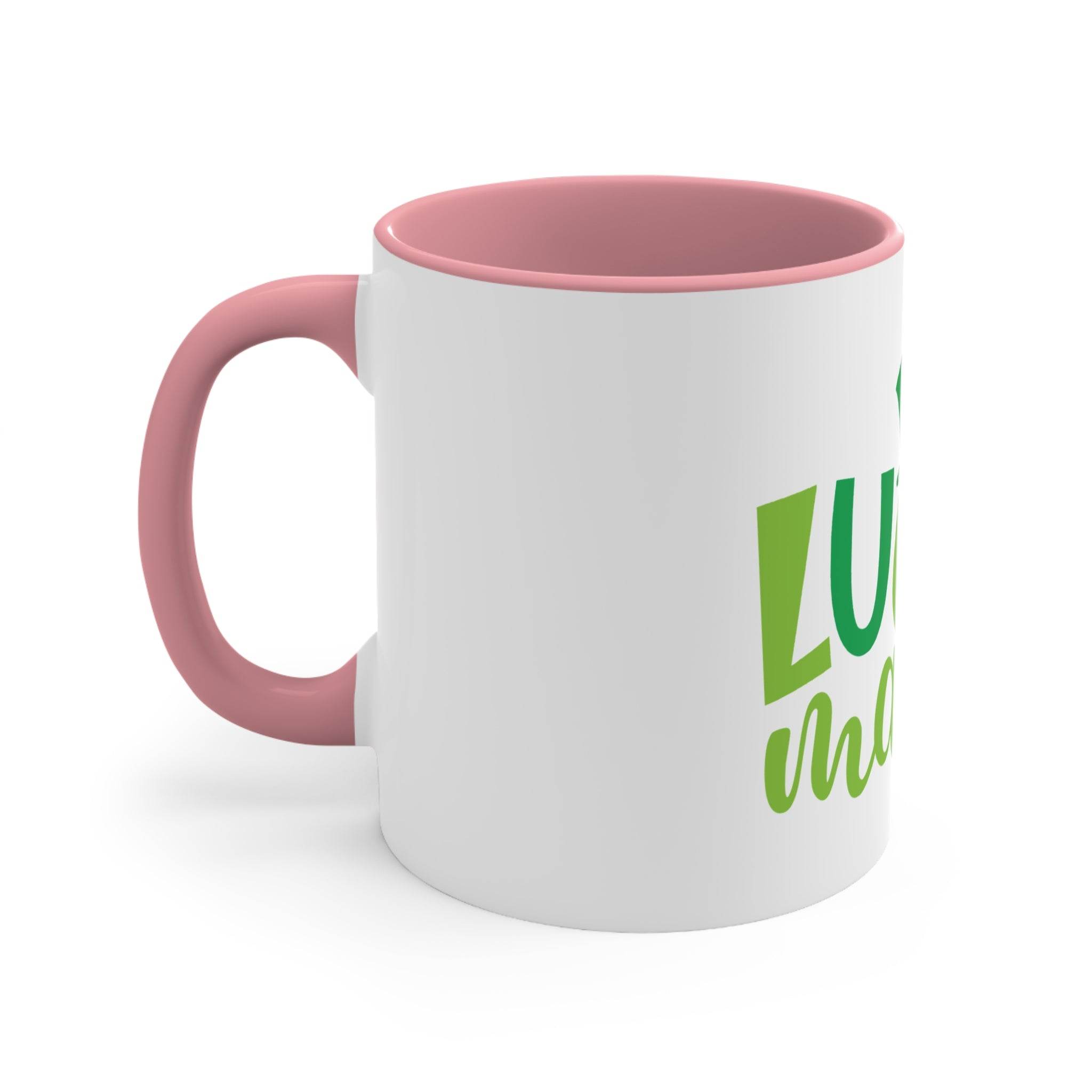Printify eco-friendly accent mug with white exterior and pink handle and rim with green text design