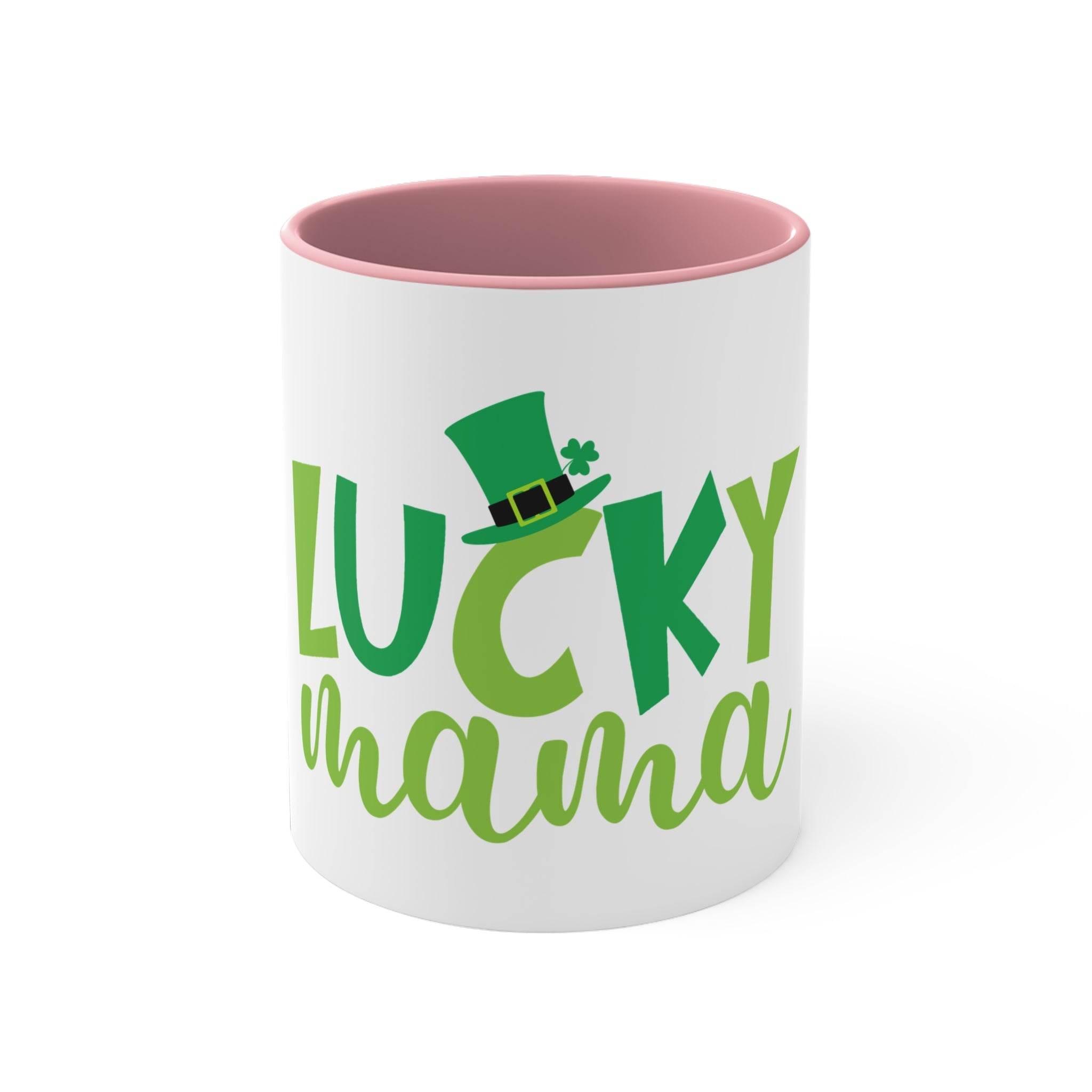 Eco-friendly accent mug with Lucky Mama design and pink interior by Printify