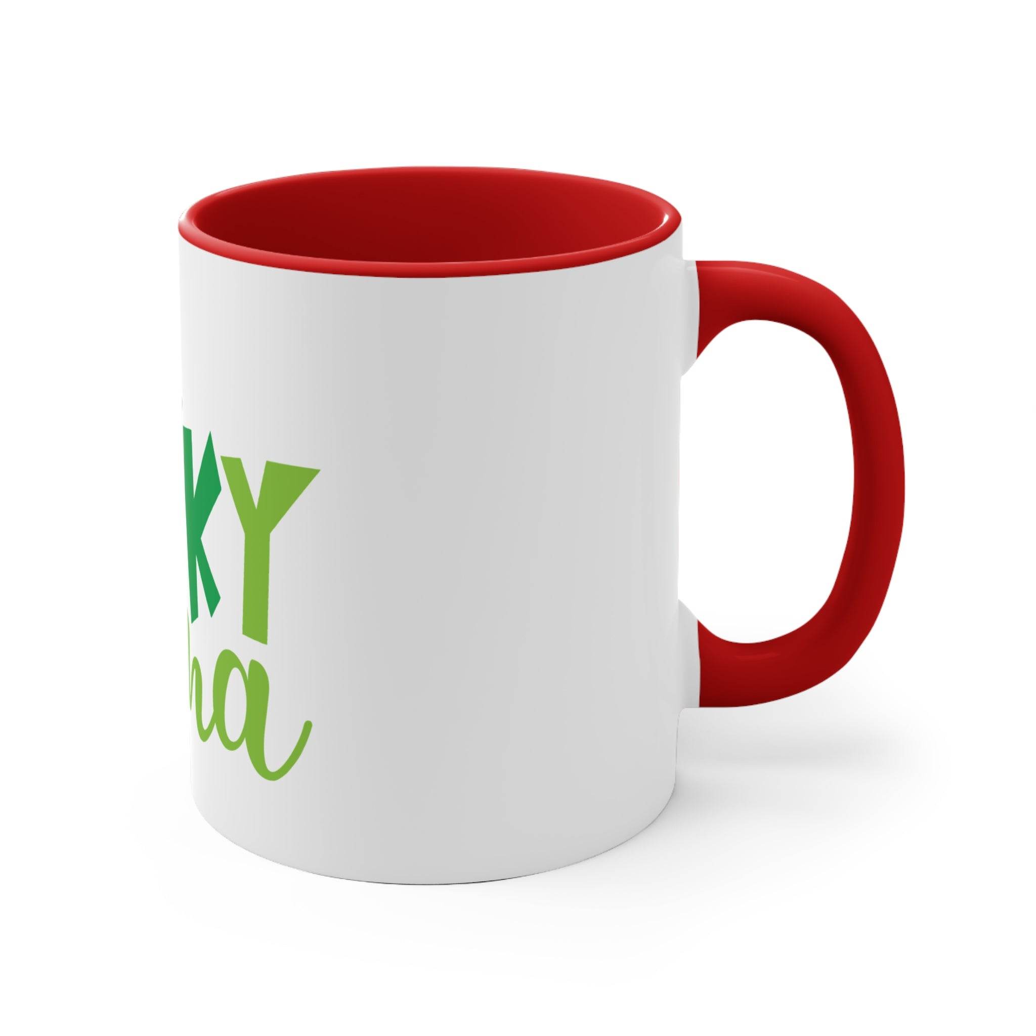 Printify eco-friendly accent mug with white exterior red interior and handle with green text design