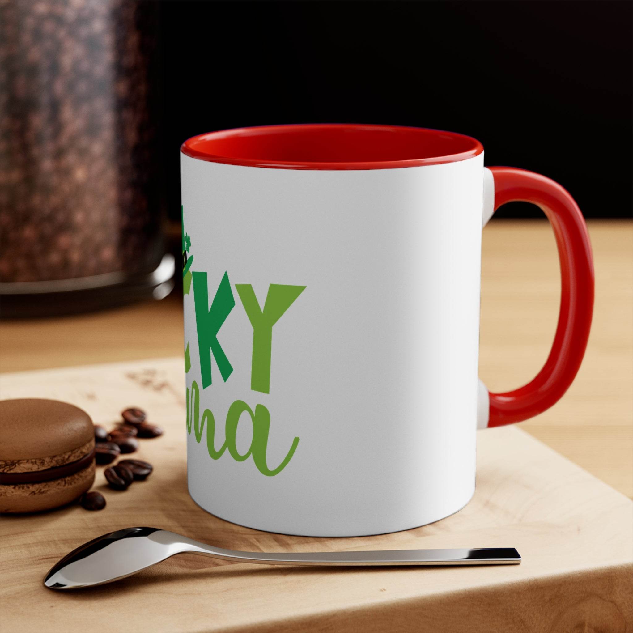 Printify eco-friendly accent mug with red handle and interior on wooden table with spoon and macaron