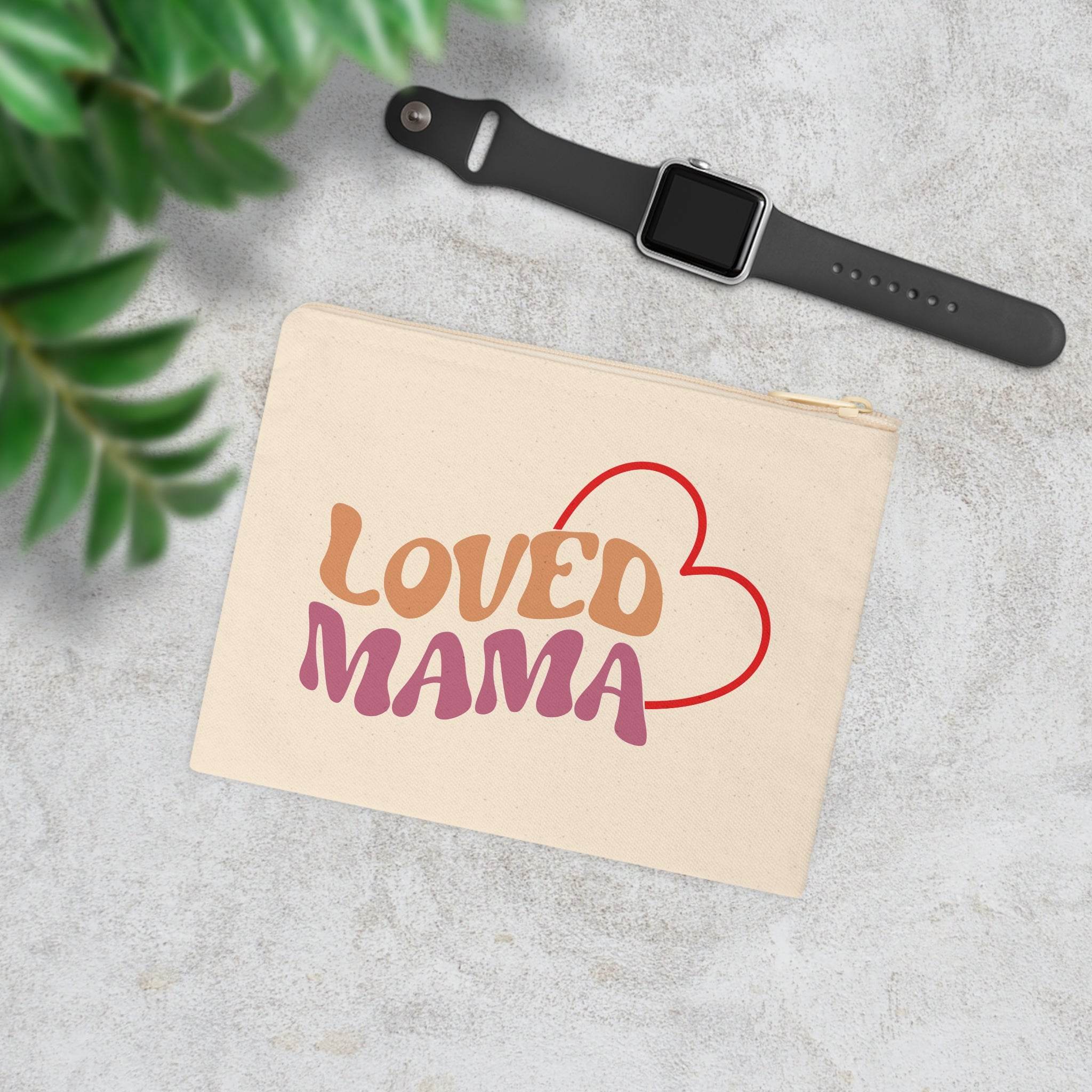 Printify eco-friendly accessory pouch with Loved Mama design and heart graphic on beige fabric