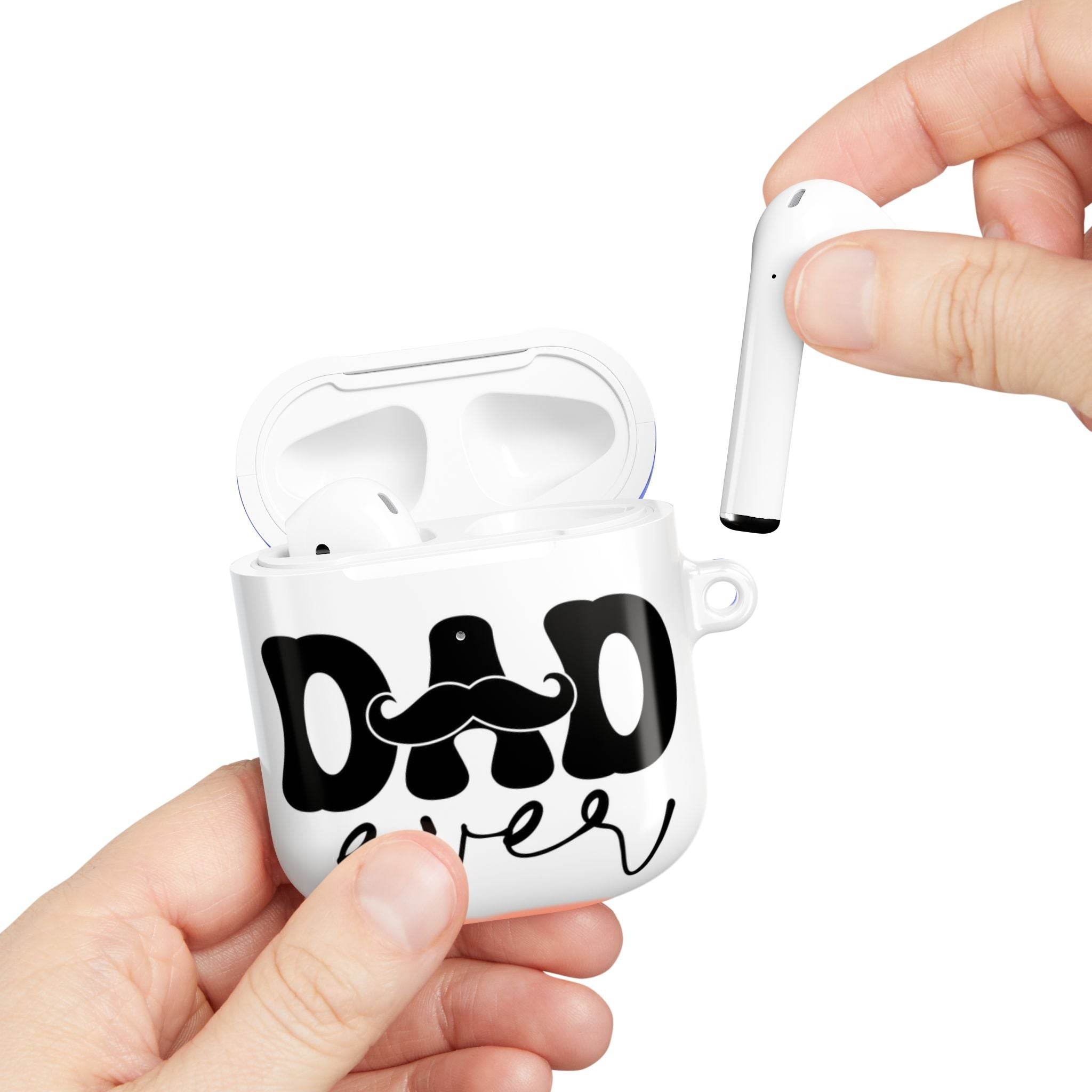Eco-friendly AirPod case for dad with black dad design and mustache printed on white case
