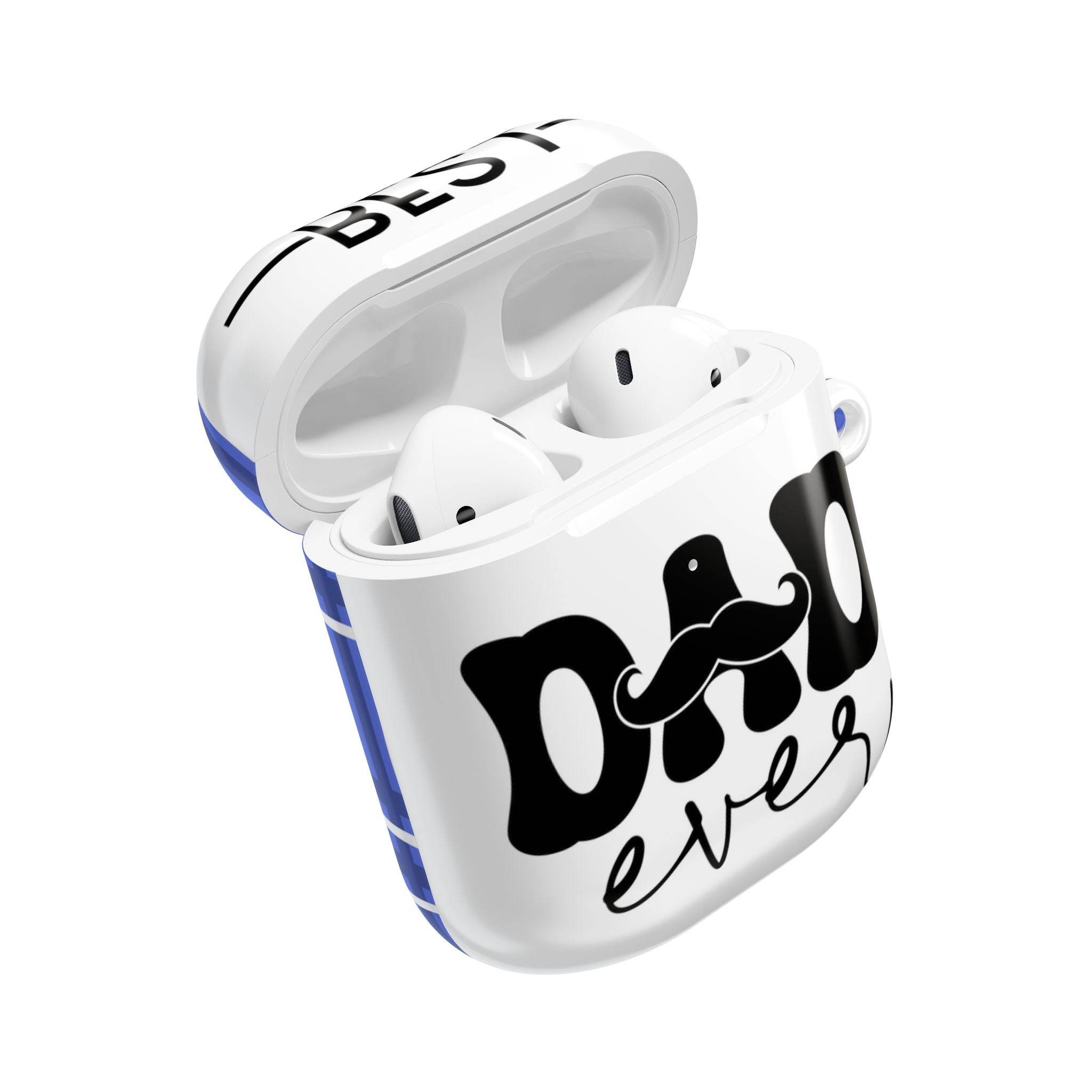 Printify eco-friendly AirPod case for dad with best dad ever design and white AirPods inside