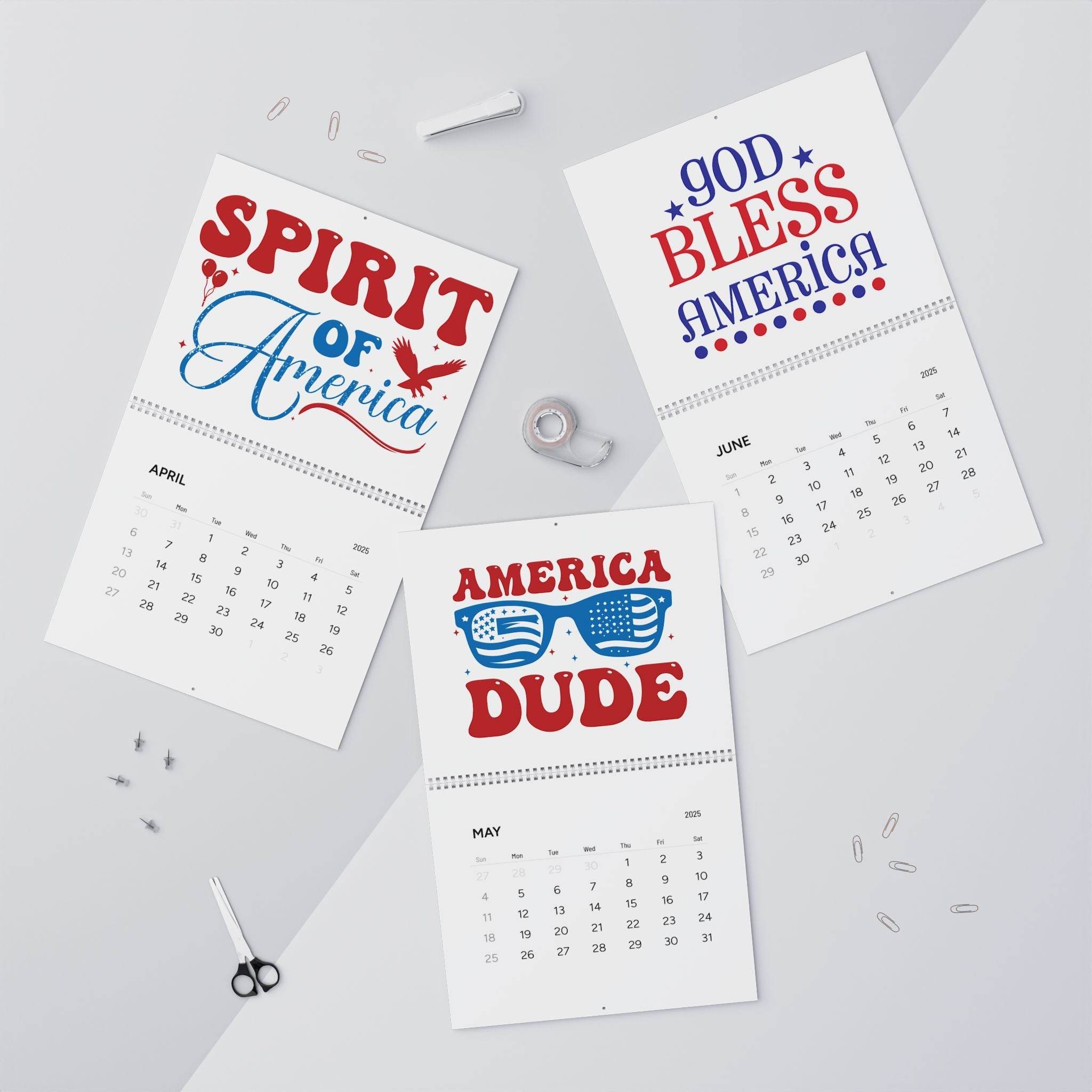 Printify eco-friendly American wall calendar 2025 with patriotic designs and monthly pages on gray background