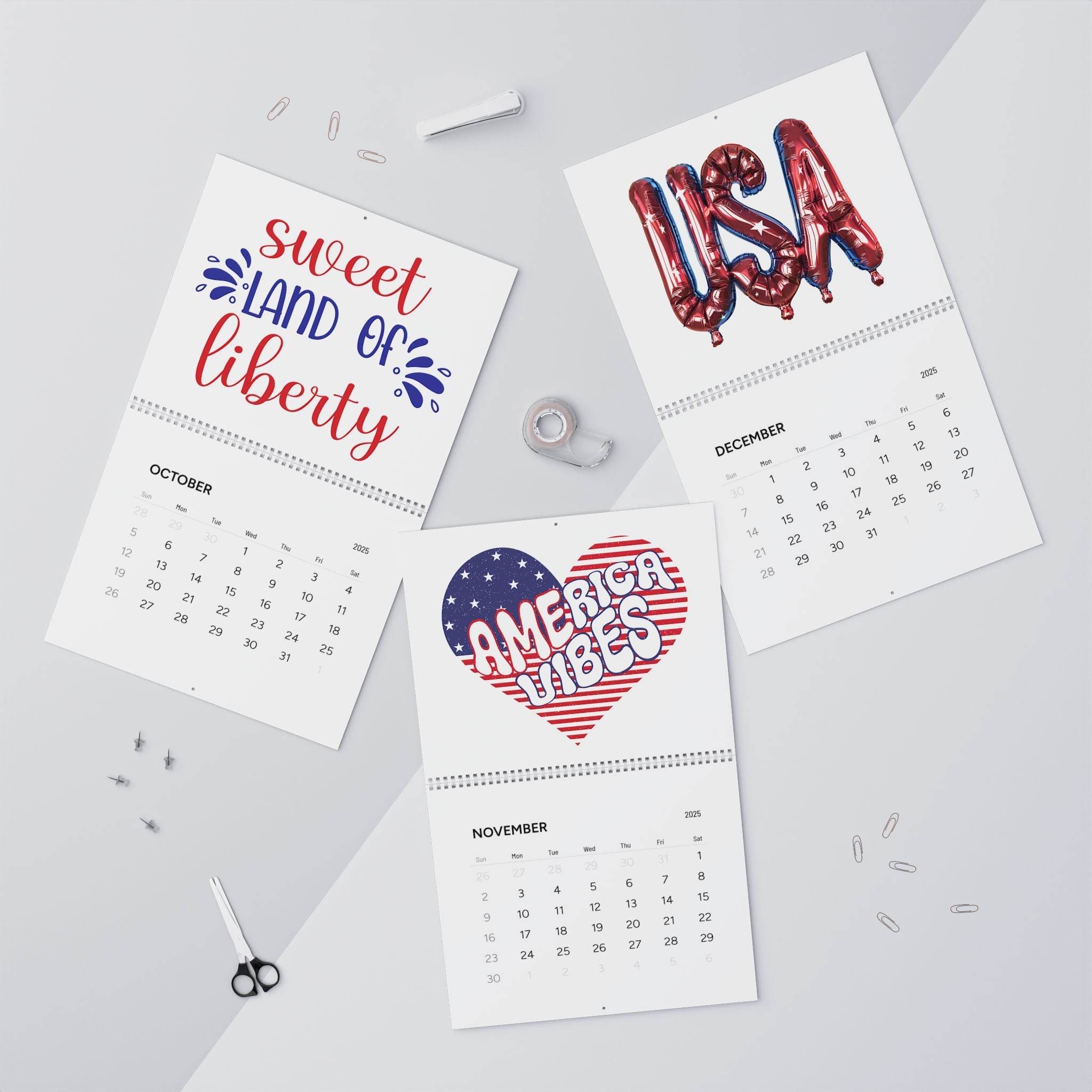 Printify eco-friendly American wall calendar 2025 with patriotic designs and monthly pages