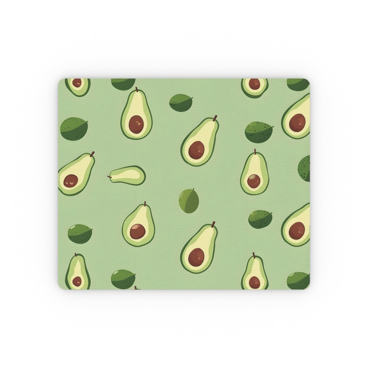 Eco-friendly avocado mouse pad featuring a fun pattern of avocados and leaves on a green background