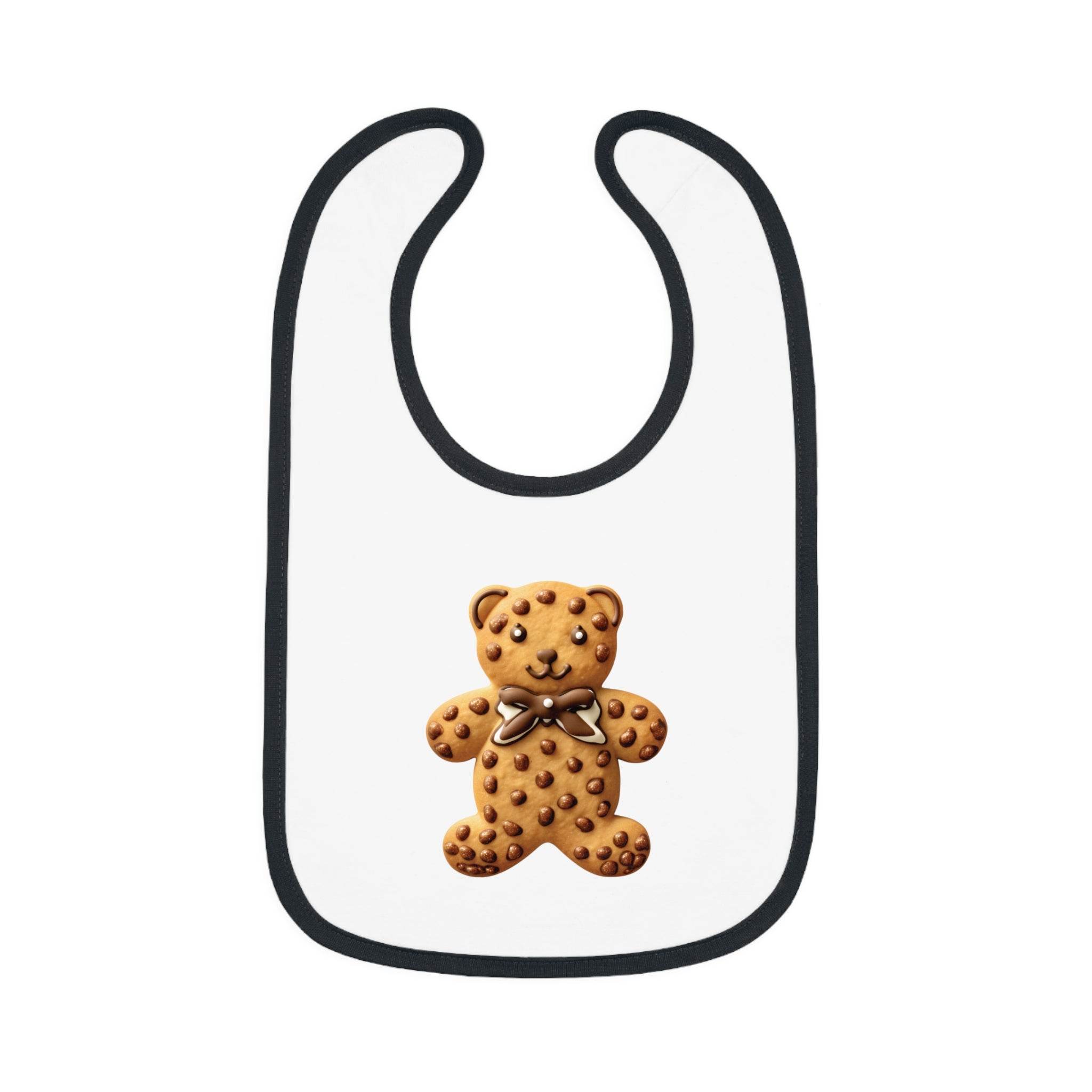Printify eco-friendly baby bib with black trim and teddy bear design on white fabric