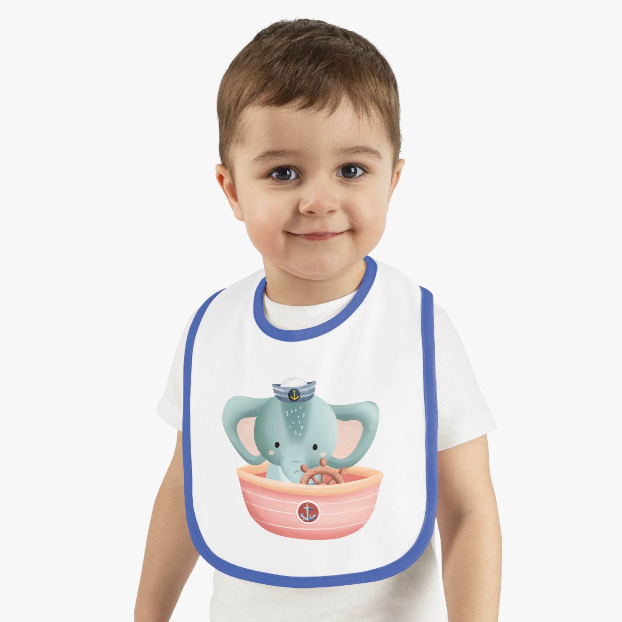 Printify eco-friendly baby bib with cute elephant sailor design worn by toddler