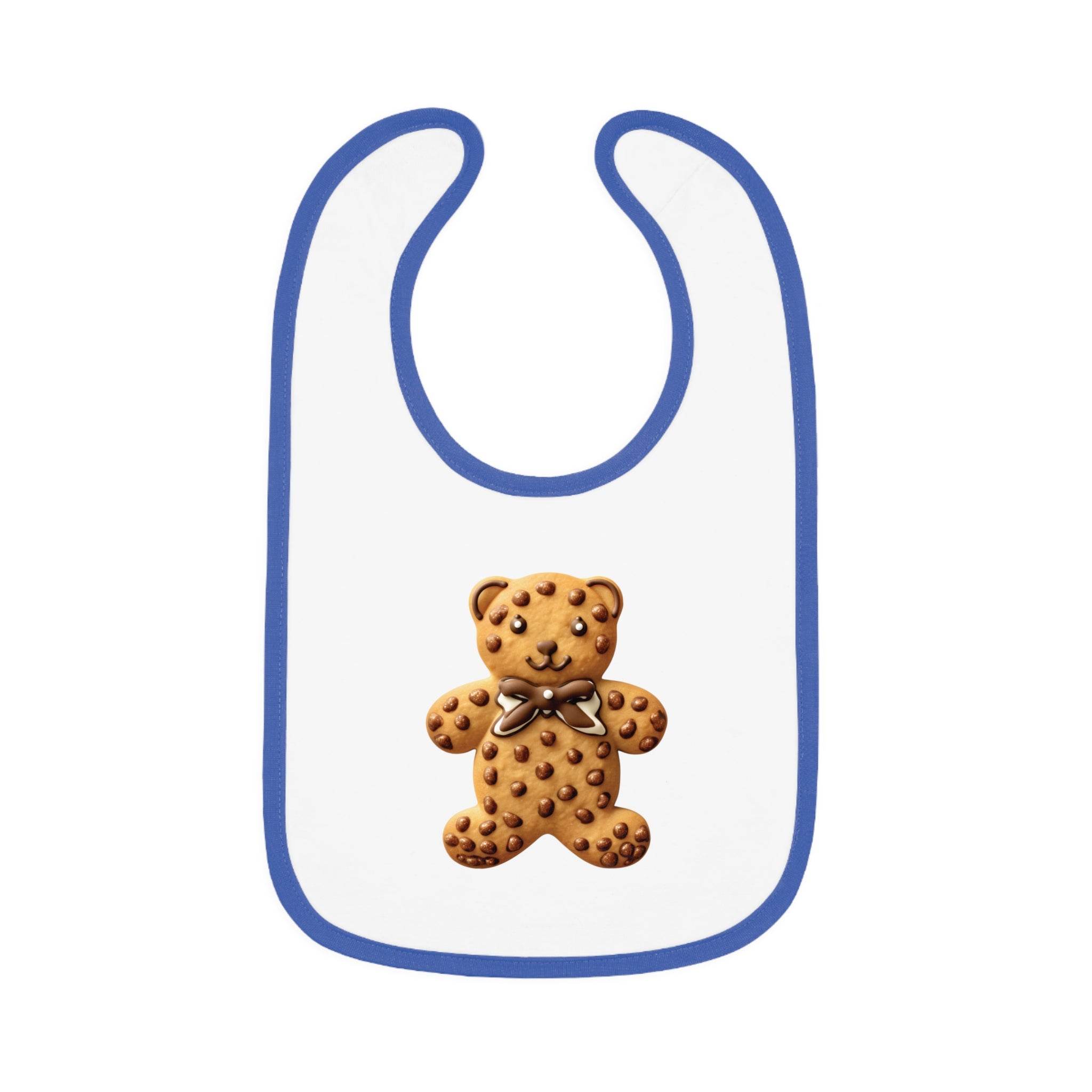 Printify eco-friendly baby bib with blue trim and teddy bear cookie design on white background