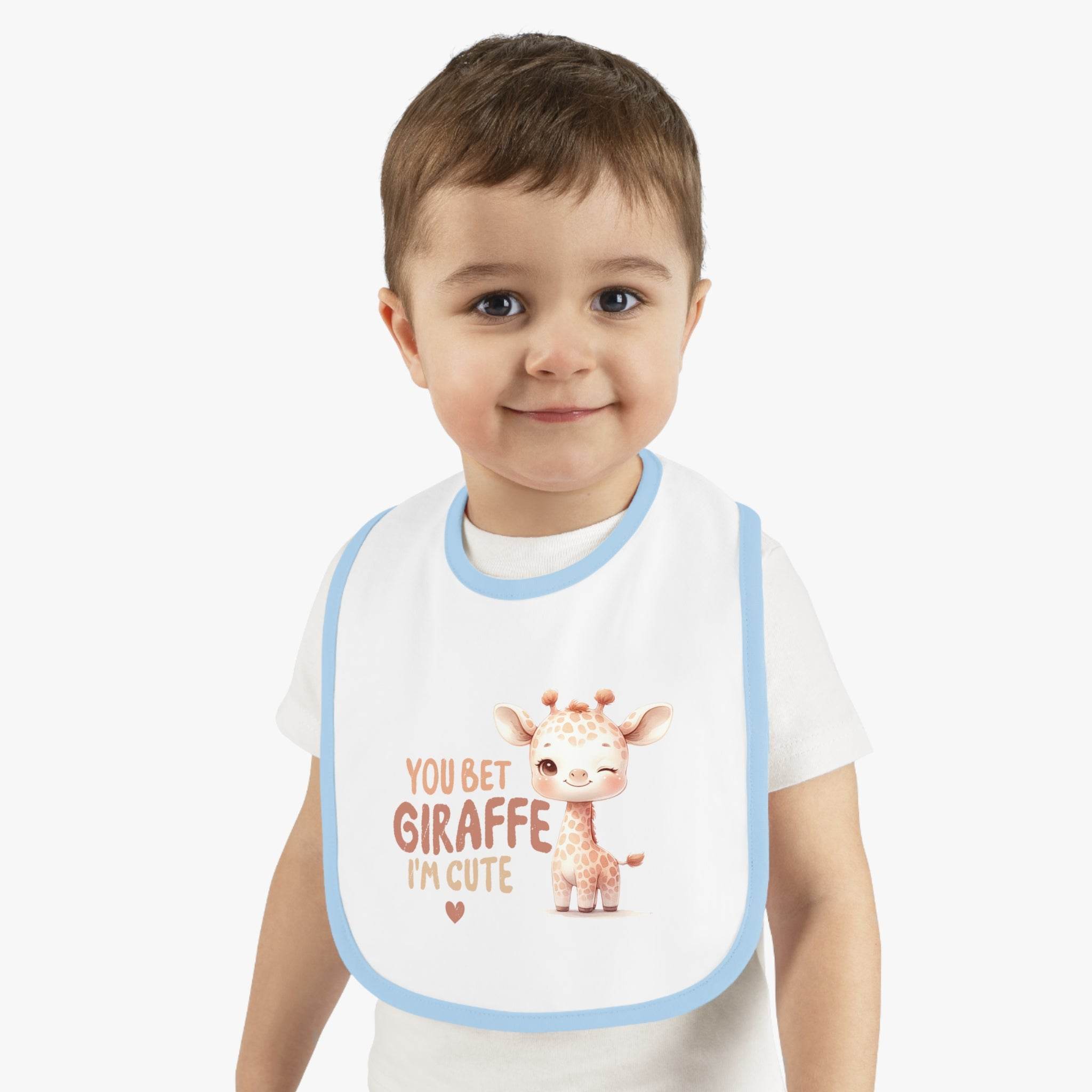 Printify eco-friendly baby bib with cute giraffe design and blue trim worn by toddler