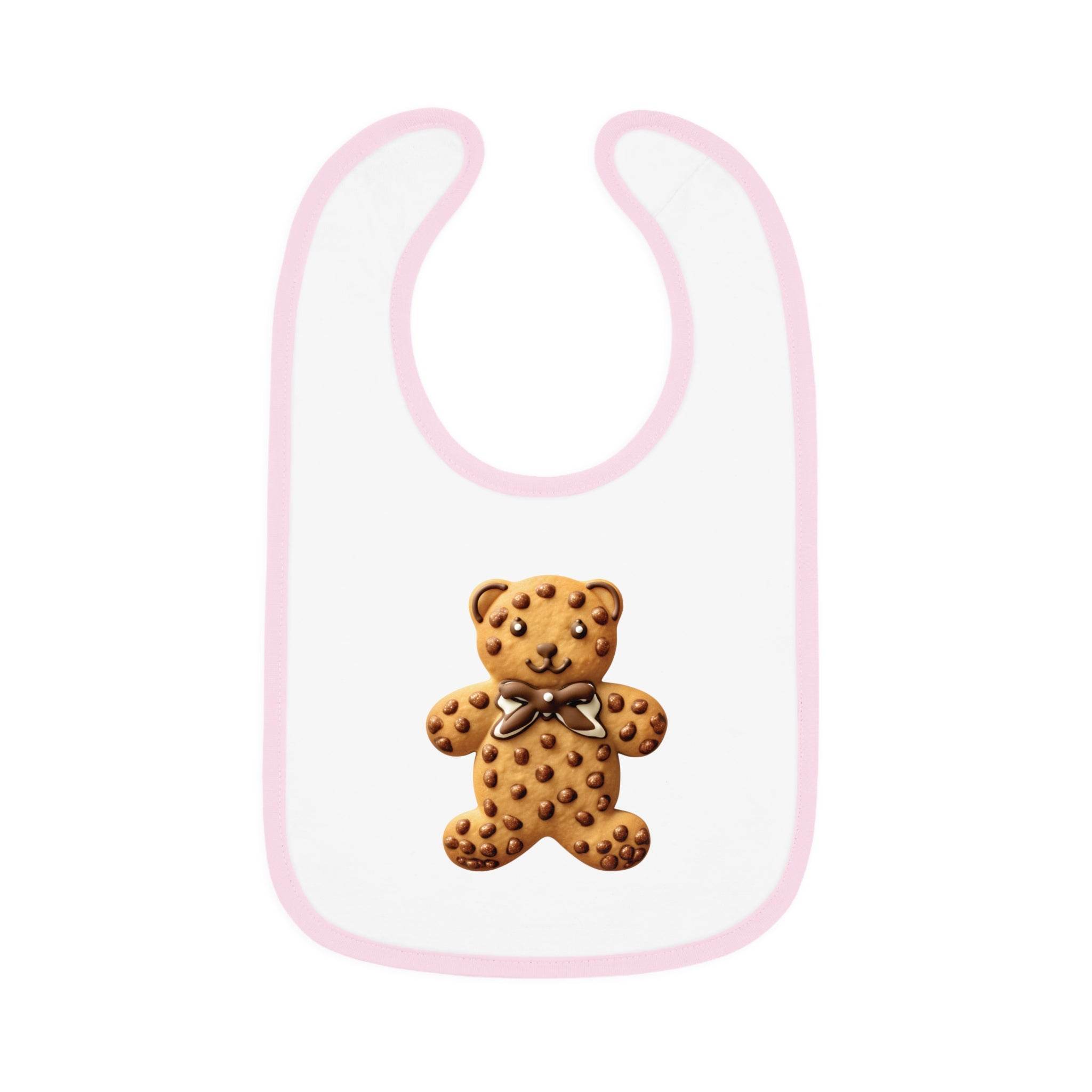 Printify eco-friendly baby bib with pink trim and cute gingerbread teddy bear design