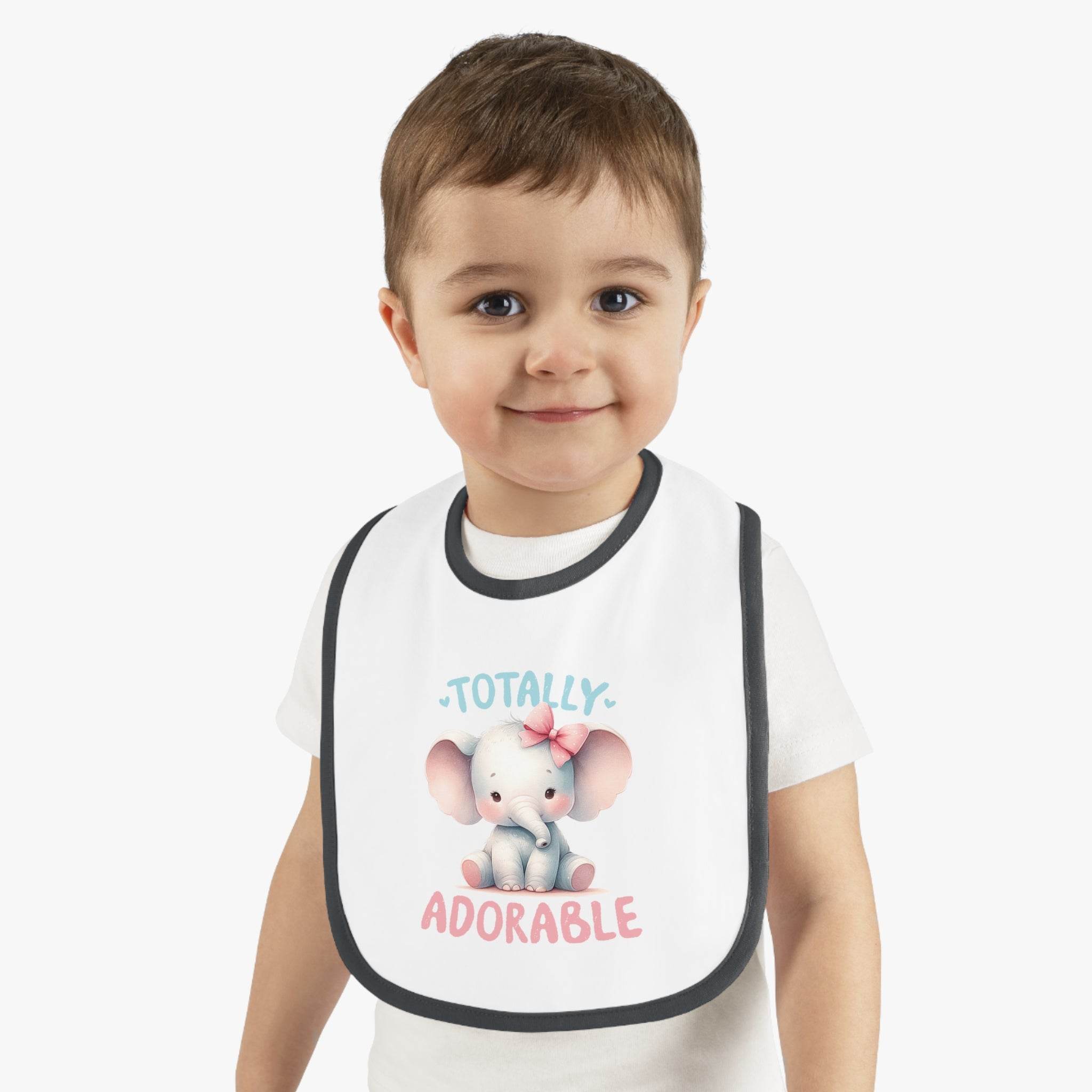 Eco-friendly baby bib with cute elephant design worn by smiling toddler from Printify