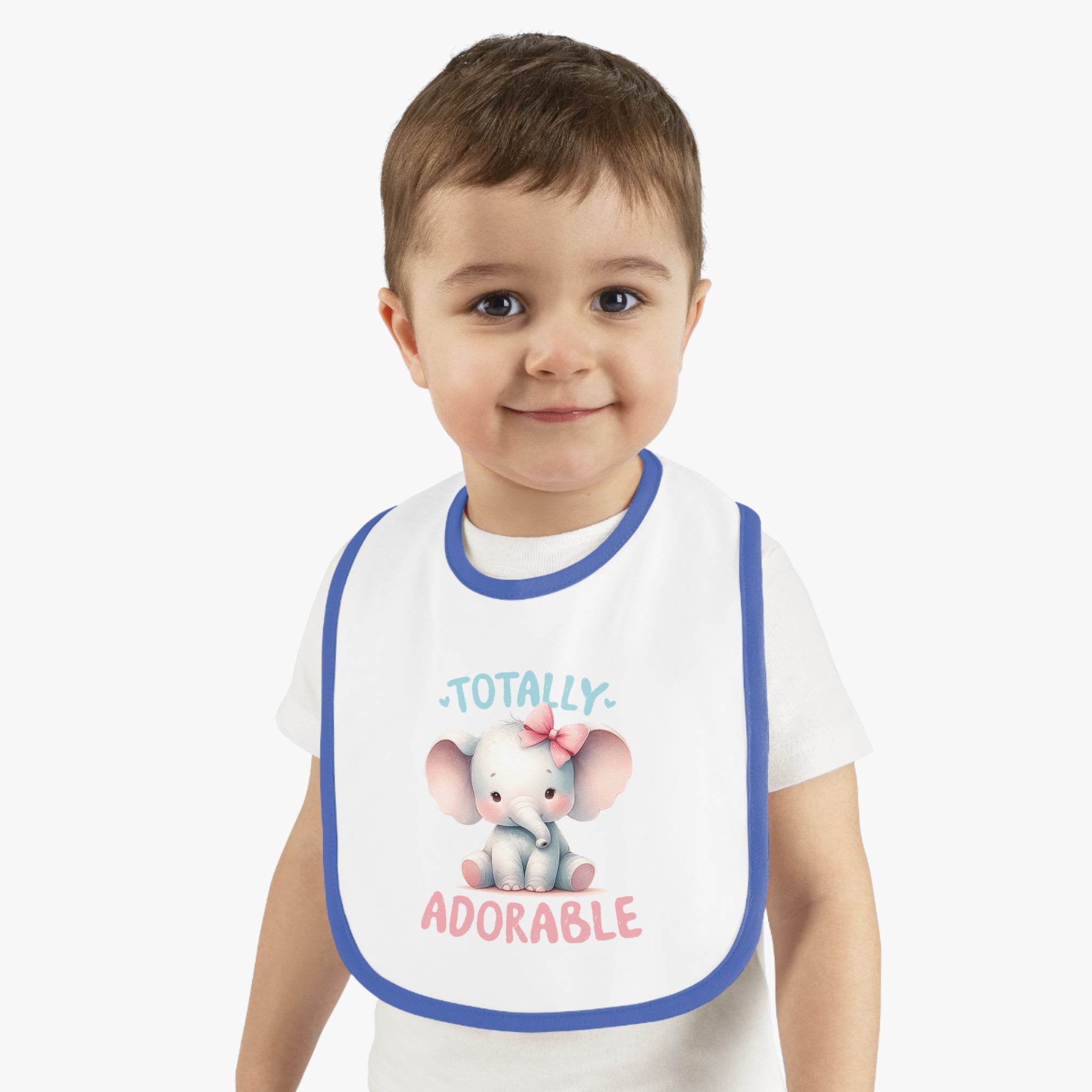 Printify eco-friendly baby bib with blue trim featuring a cute elephant and totally adorable text