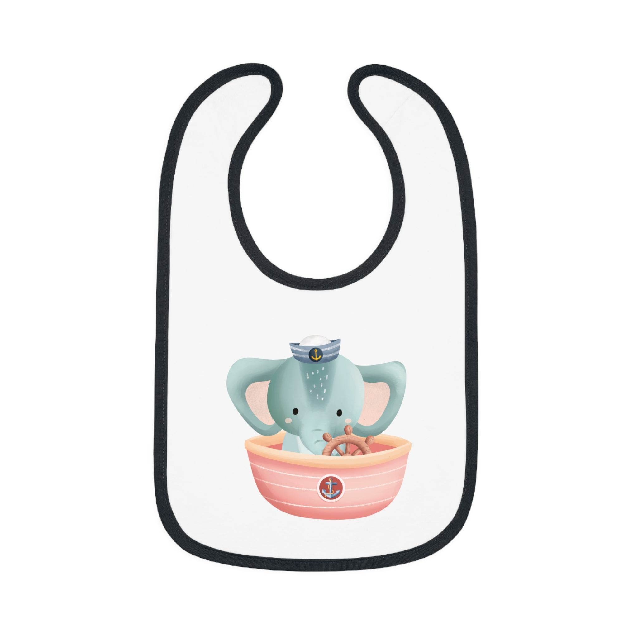 Printify eco-friendly baby bib with a cute elephant sailor design and black trim for feeding