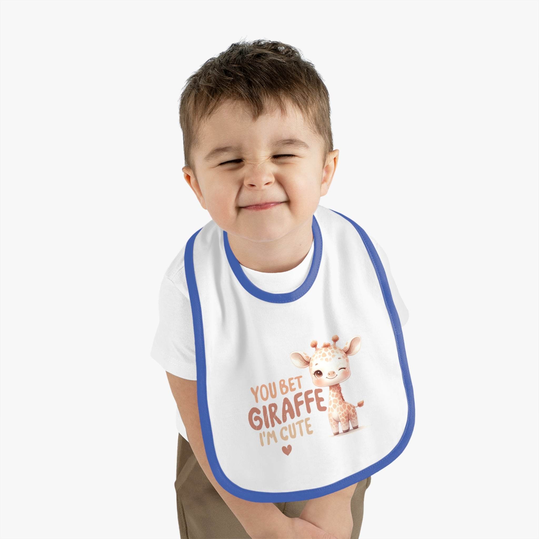 Printify eco-friendly baby bib with cute giraffe design worn by smiling toddler