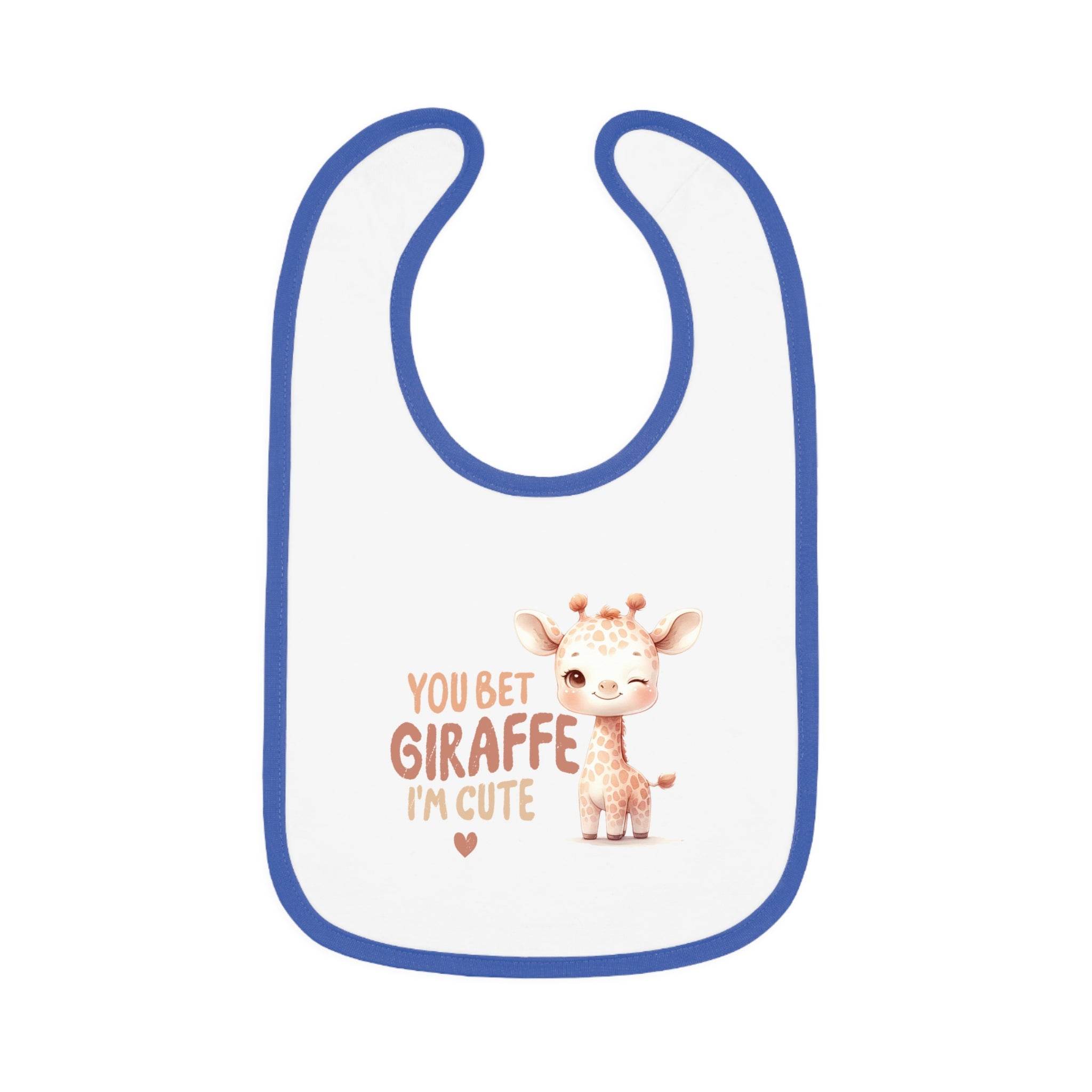 Printify eco-friendly baby bib with blue trim and cute giraffe design saying You Bet Giraffe I'm Cute