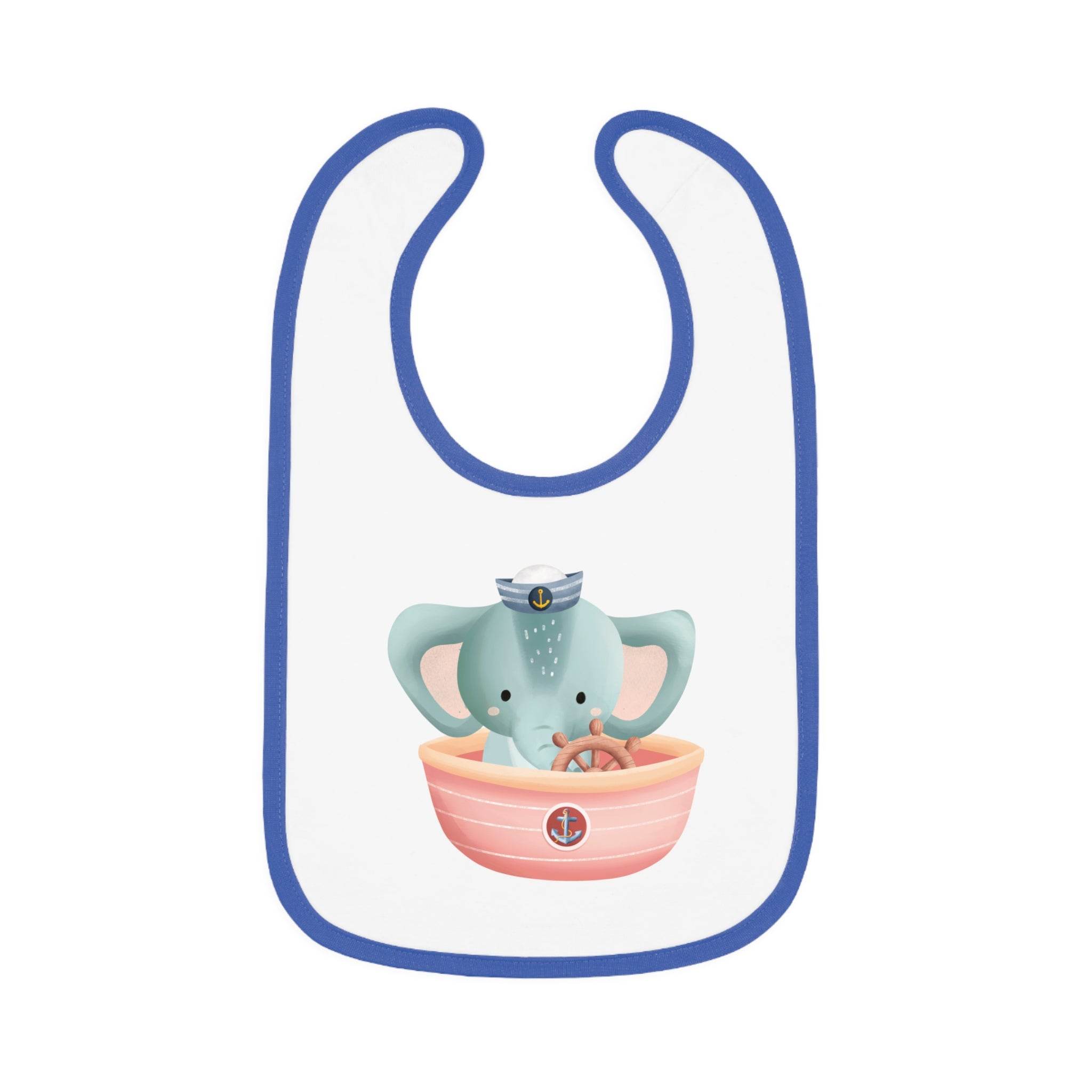 Printify eco-friendly baby bib with blue trim and cute elephant sailor design