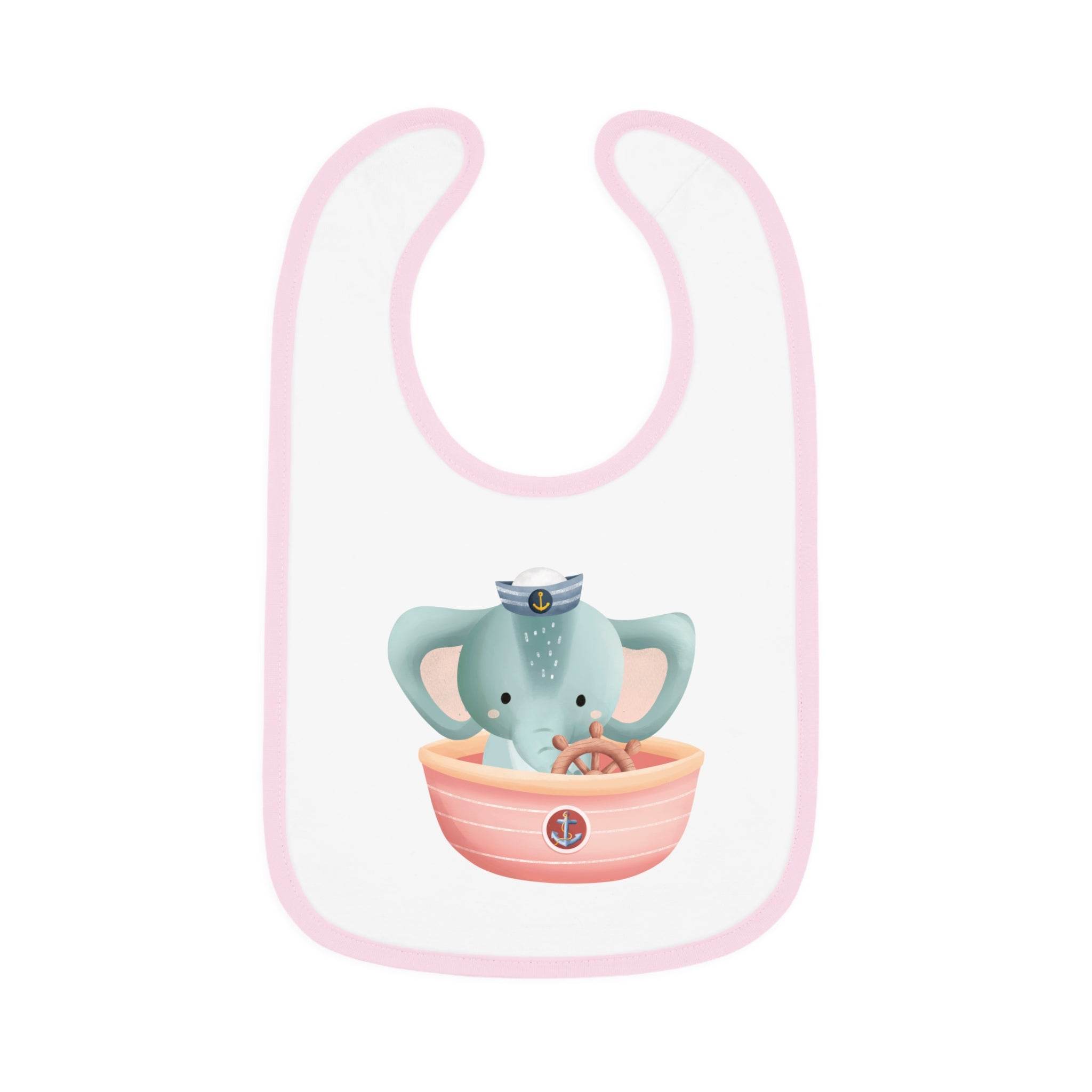 Printify eco-friendly baby bib with pink trim featuring a cute elephant sailor in a boat design