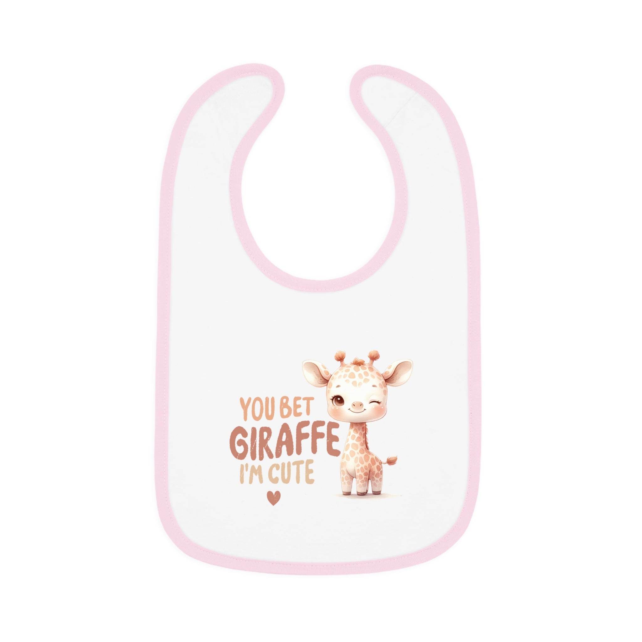 Printify eco-friendly baby bib with pink trim featuring a cute giraffe and text You Bet Giraffe I'm Cute