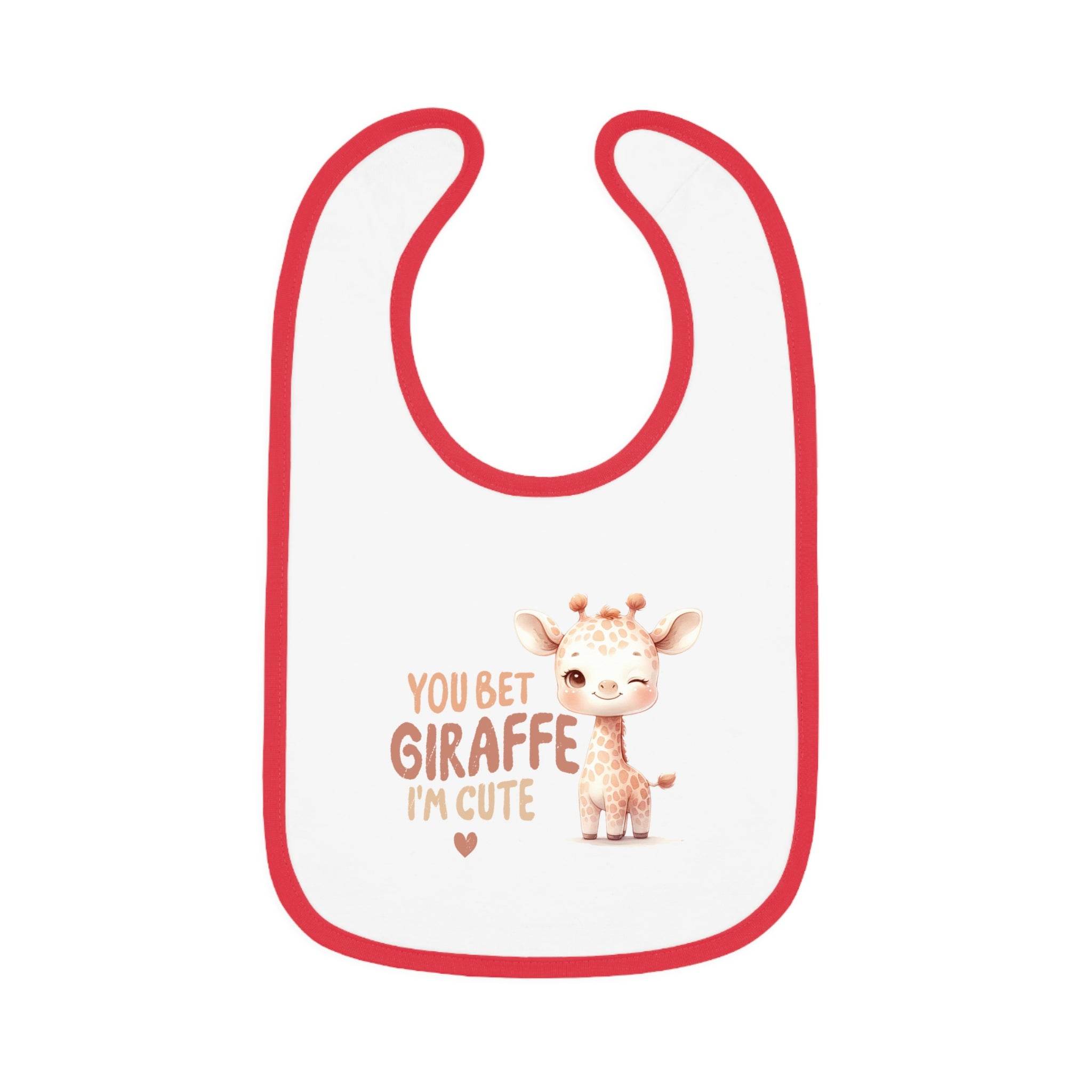 Printify eco-friendly baby bib with red trim and cute giraffe design with text You Bet Giraffe I'm Cute