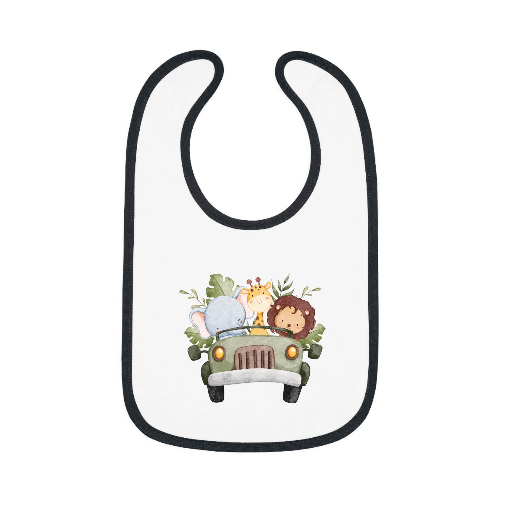 Printify eco-friendly baby bib with black trim featuring cute animal safari design on white background
