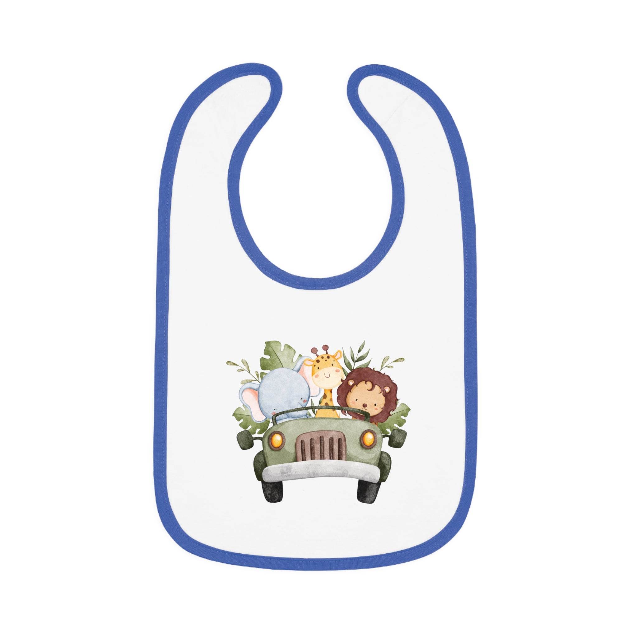 Printify eco-friendly baby bib with blue trim and cute jungle animals in a car design