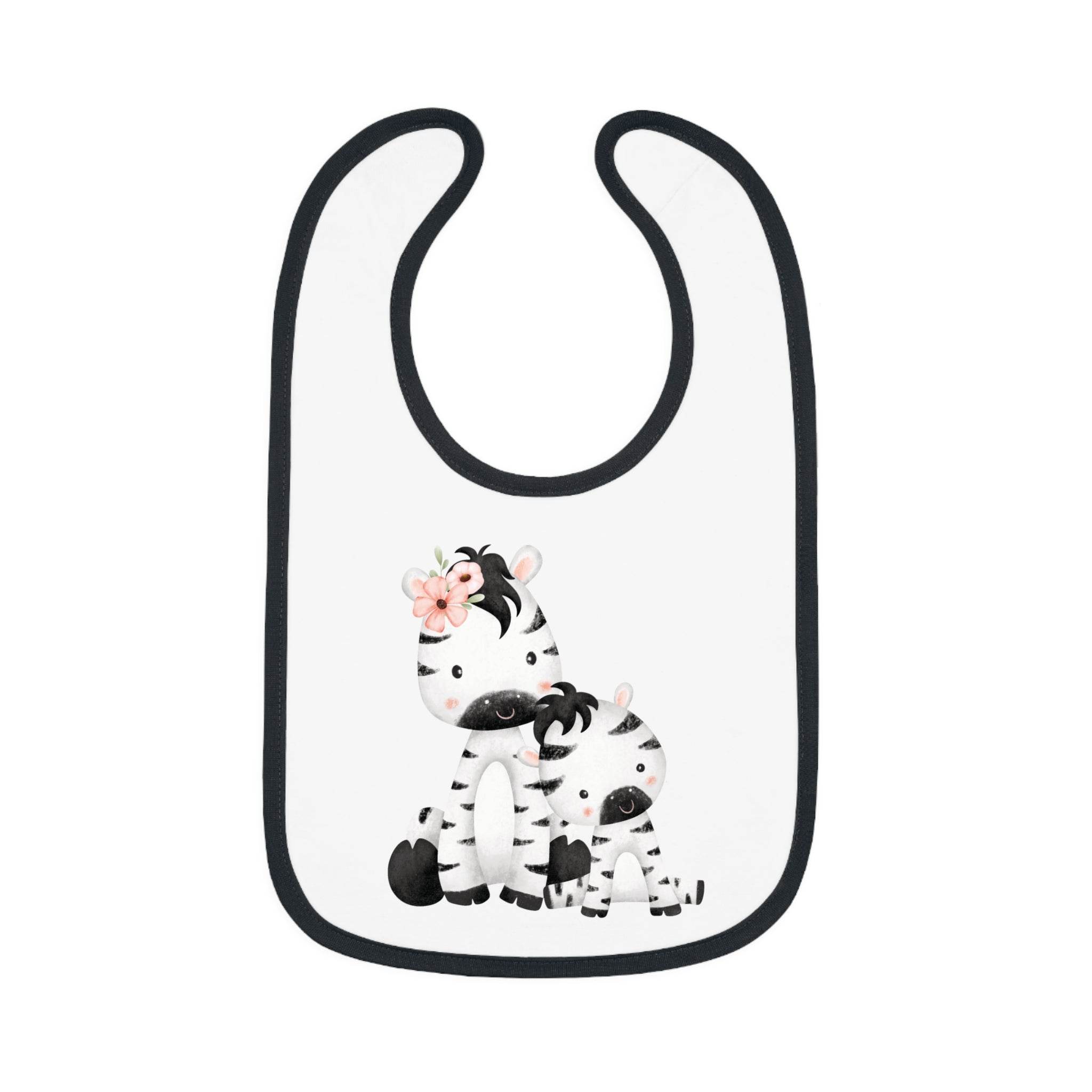 Printify eco-friendly baby bib with black trim and cute zebra family design