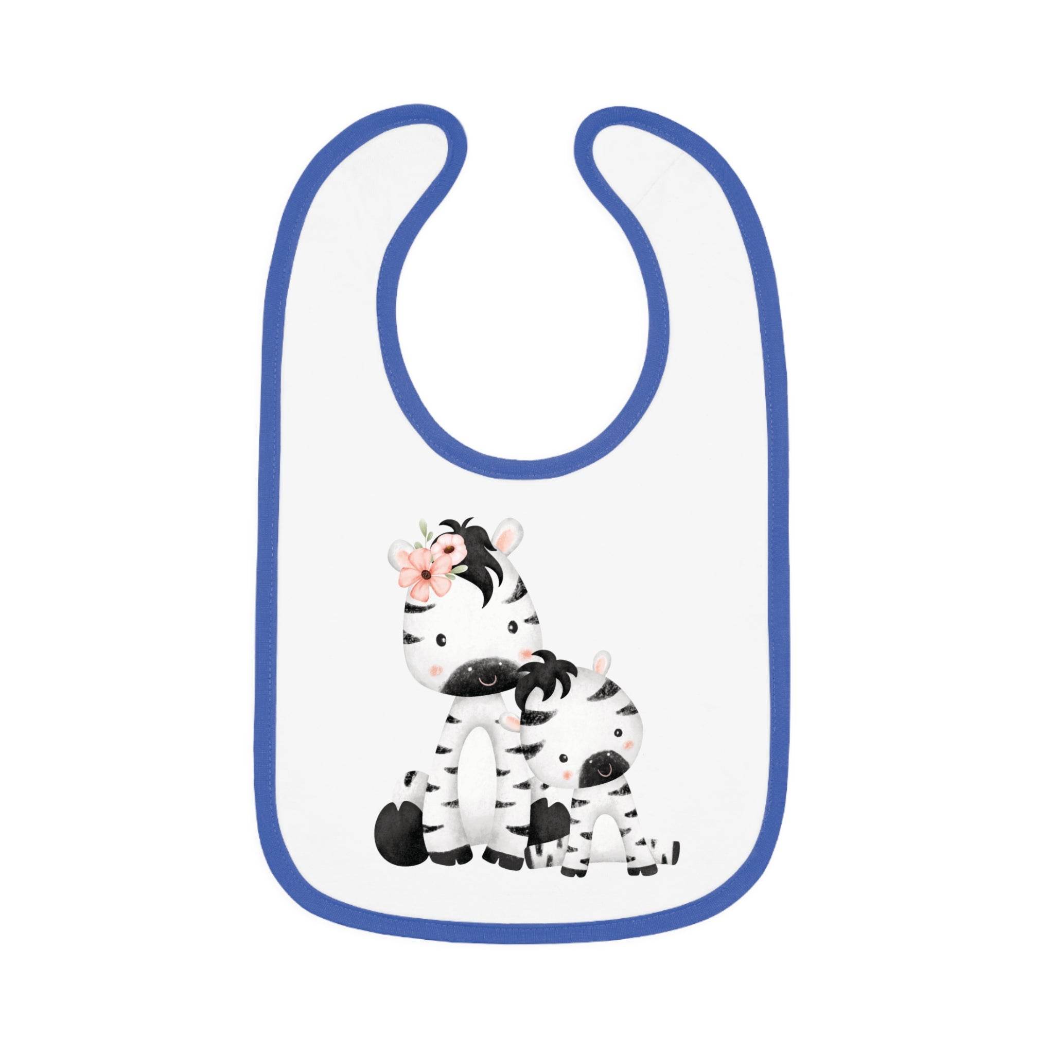 Printify eco-friendly baby bib with blue trim featuring cute zebra family illustration