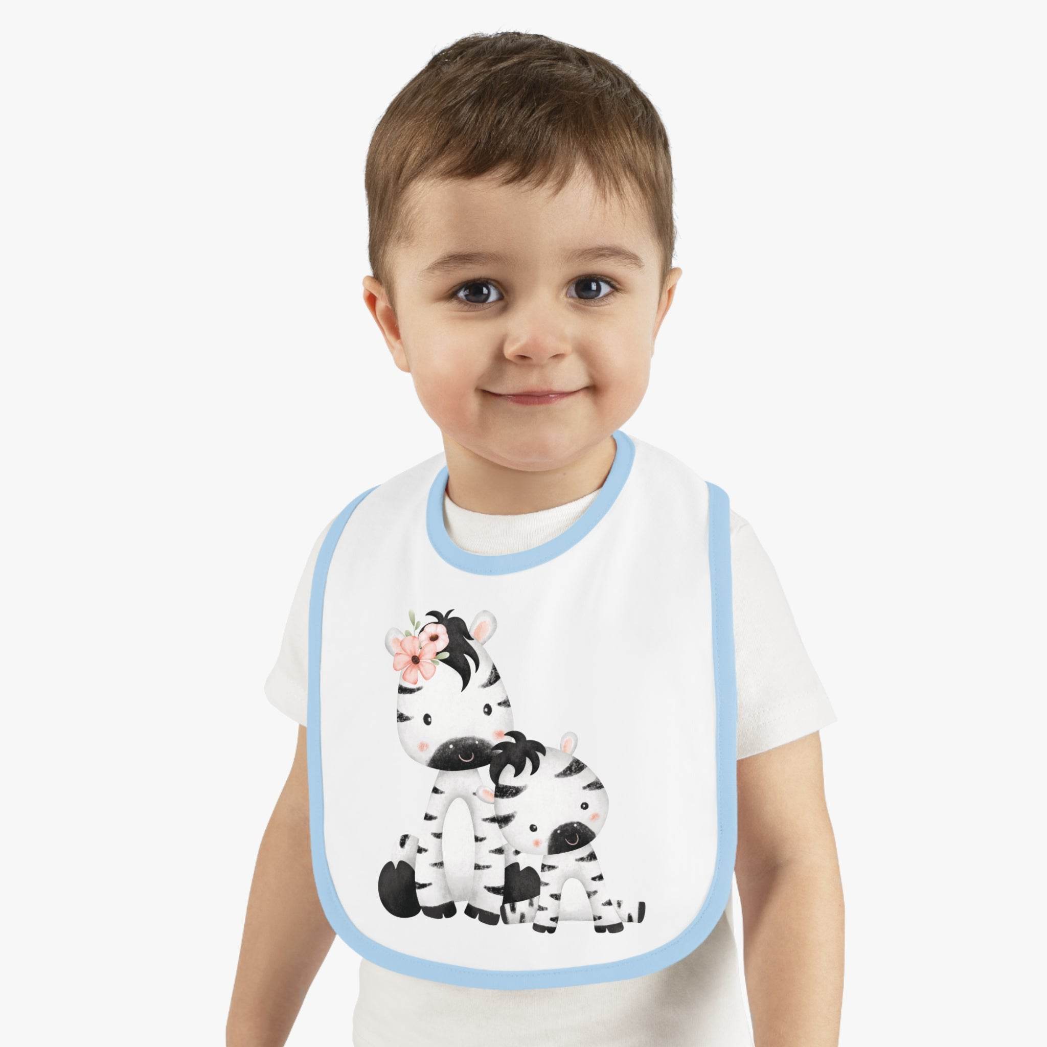 Printify eco-friendly baby bib with cute zebra design and blue trim worn by toddler