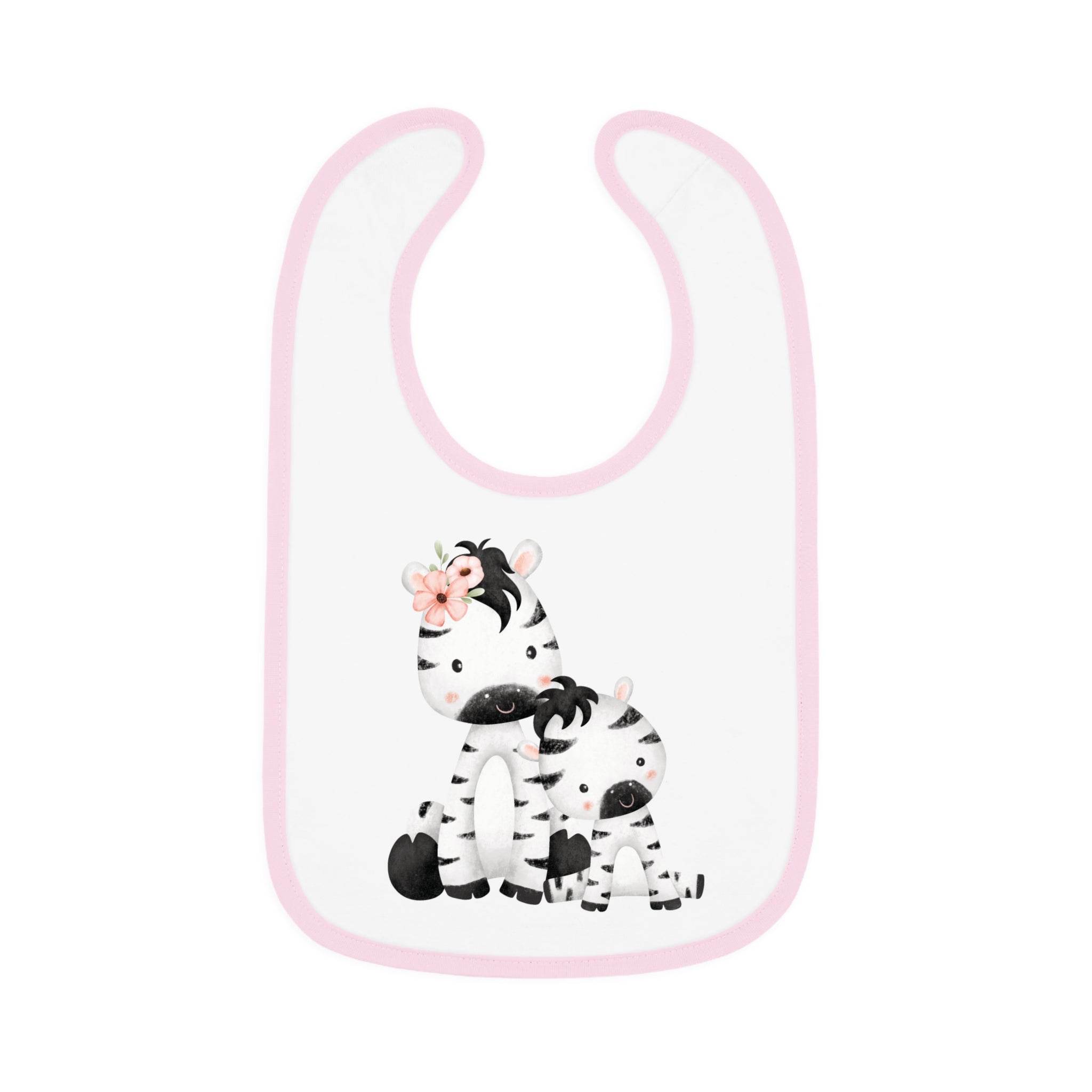 Printify eco-friendly baby bib with pink trim featuring cute zebra mother and baby design