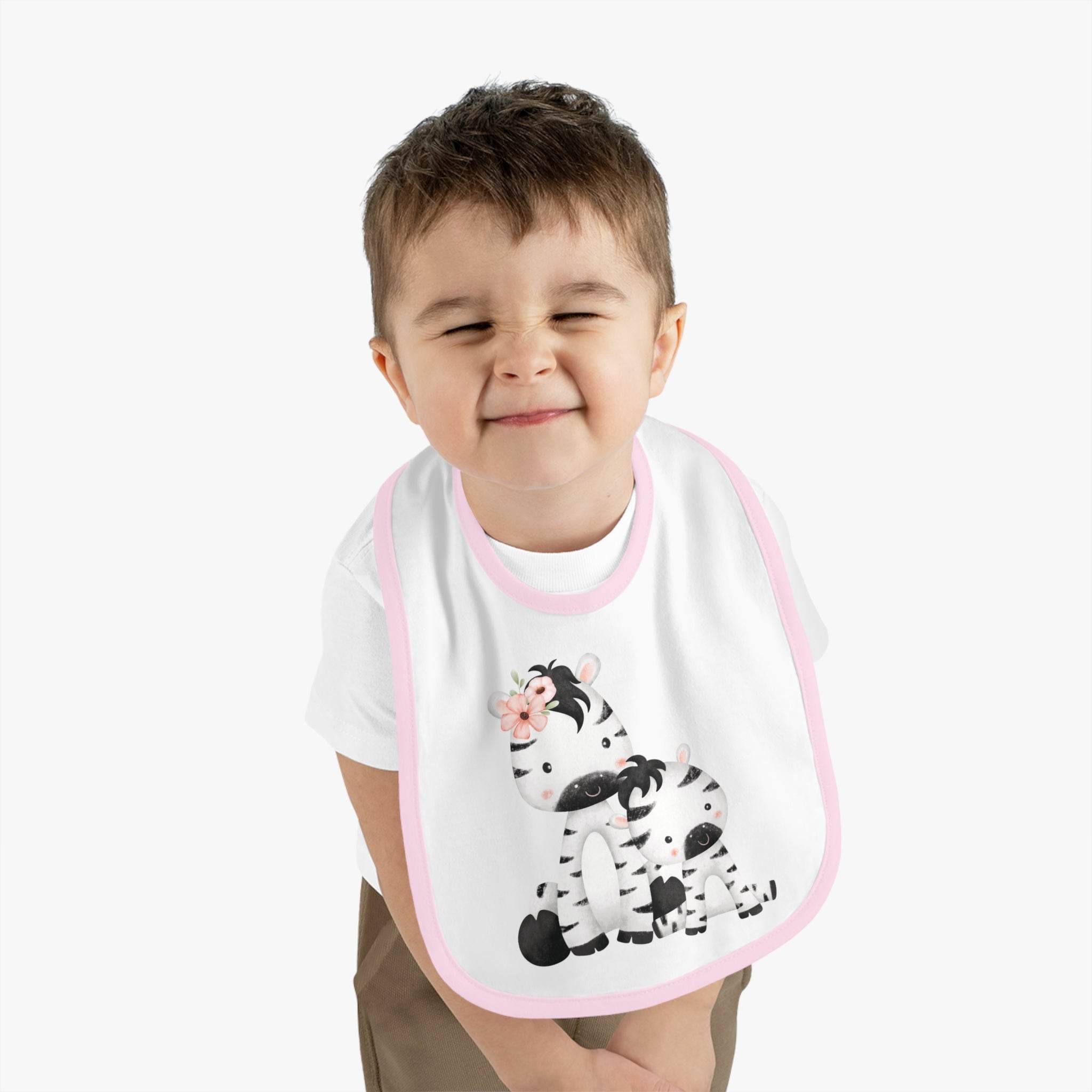Printify eco-friendly baby bib with pink trim featuring cute mother and baby zebra design