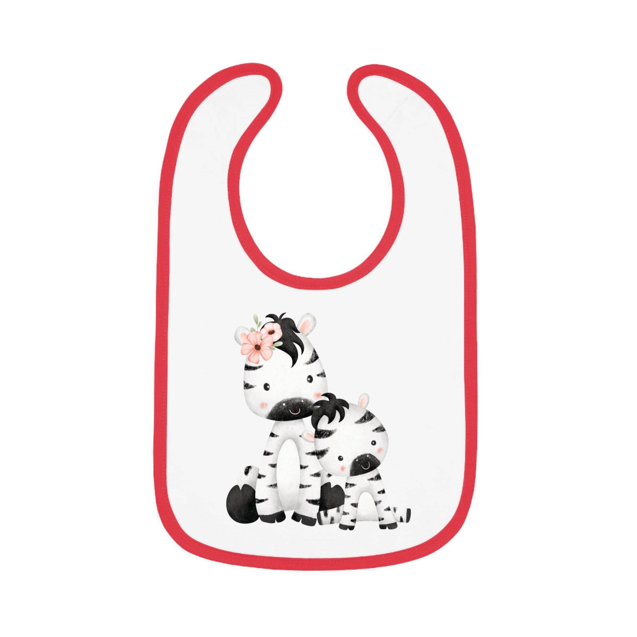 Printify eco-friendly baby bib with red trim featuring two cute cartoon zebras with a flower