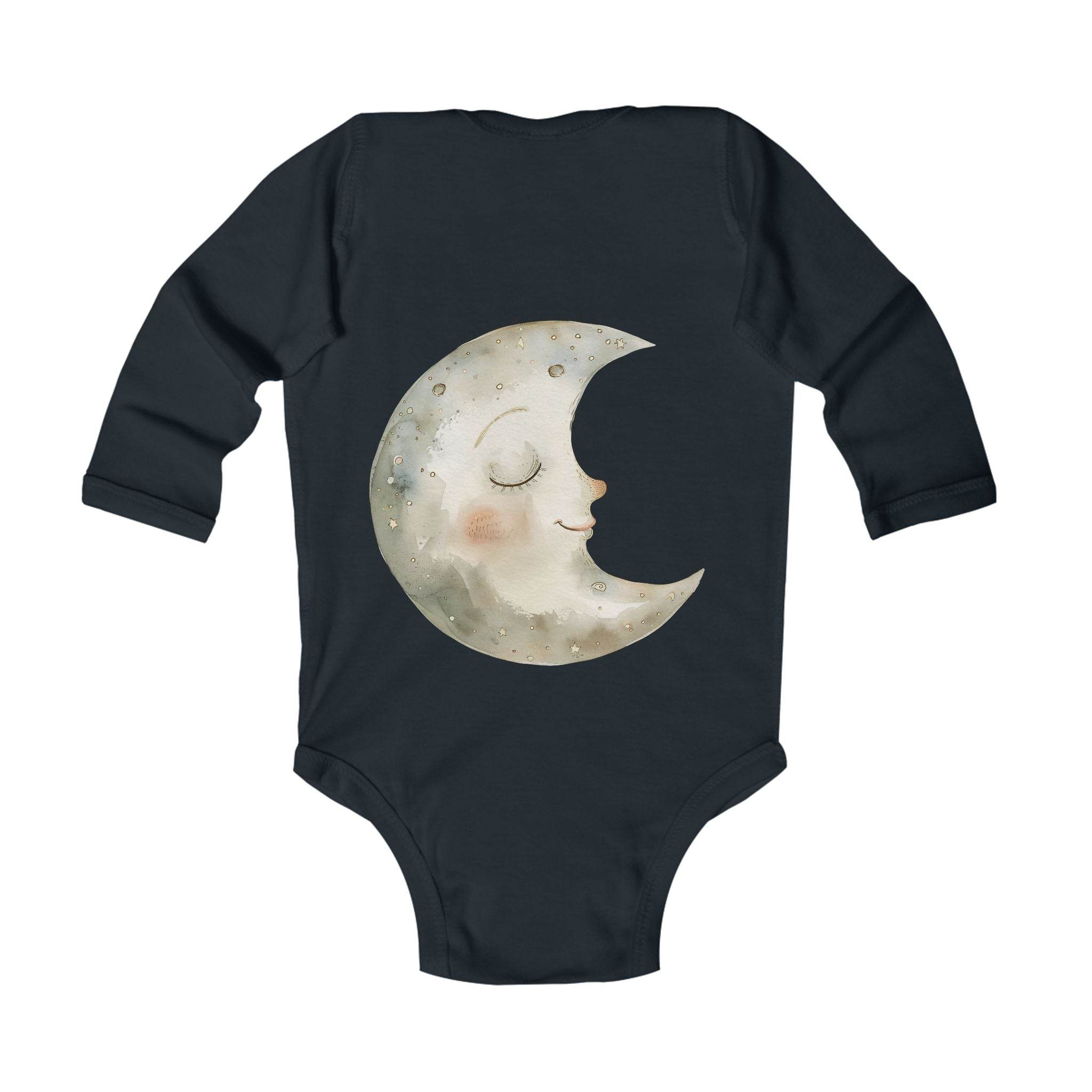 Printify eco-friendly baby onesie in black with long sleeves and a smiling crescent moon design