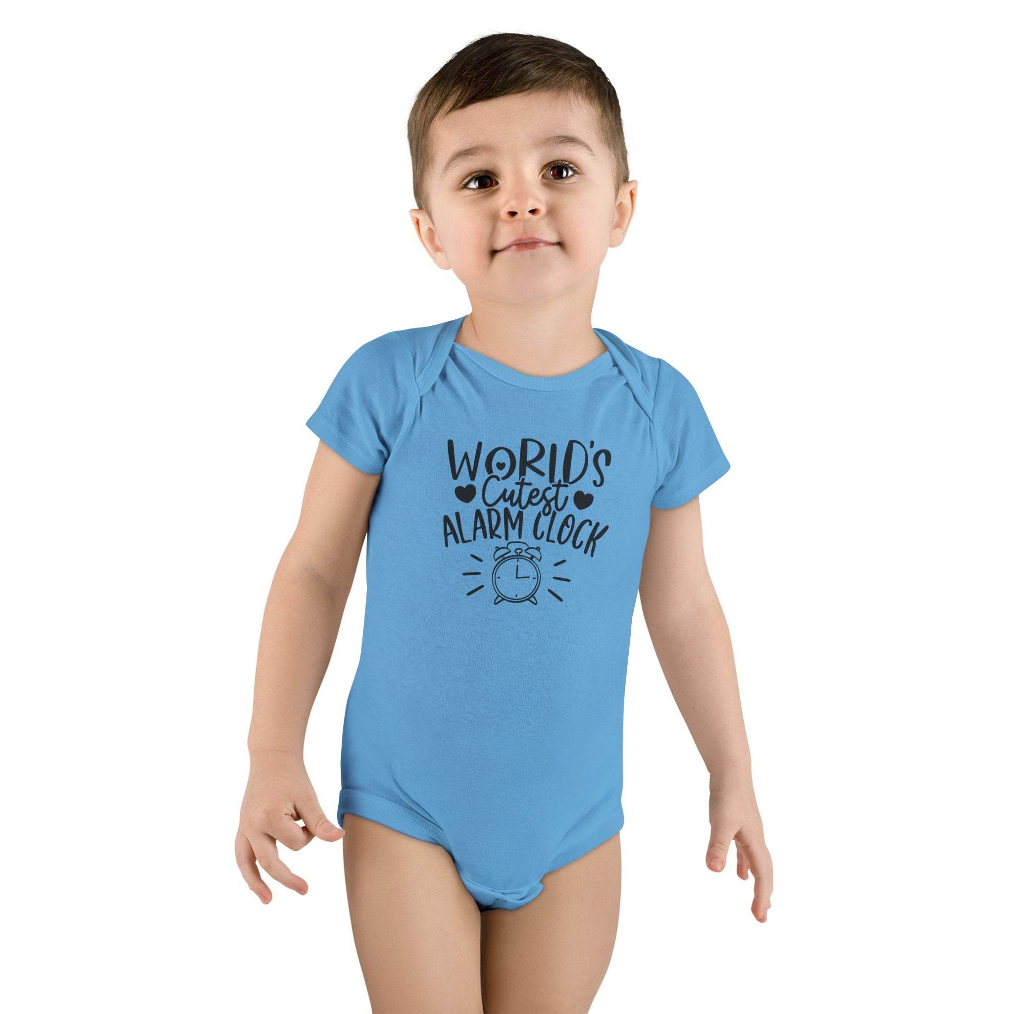 Toddler wearing a blue eco-friendly baby onesie with Worlds Cutest Alarm Clock print