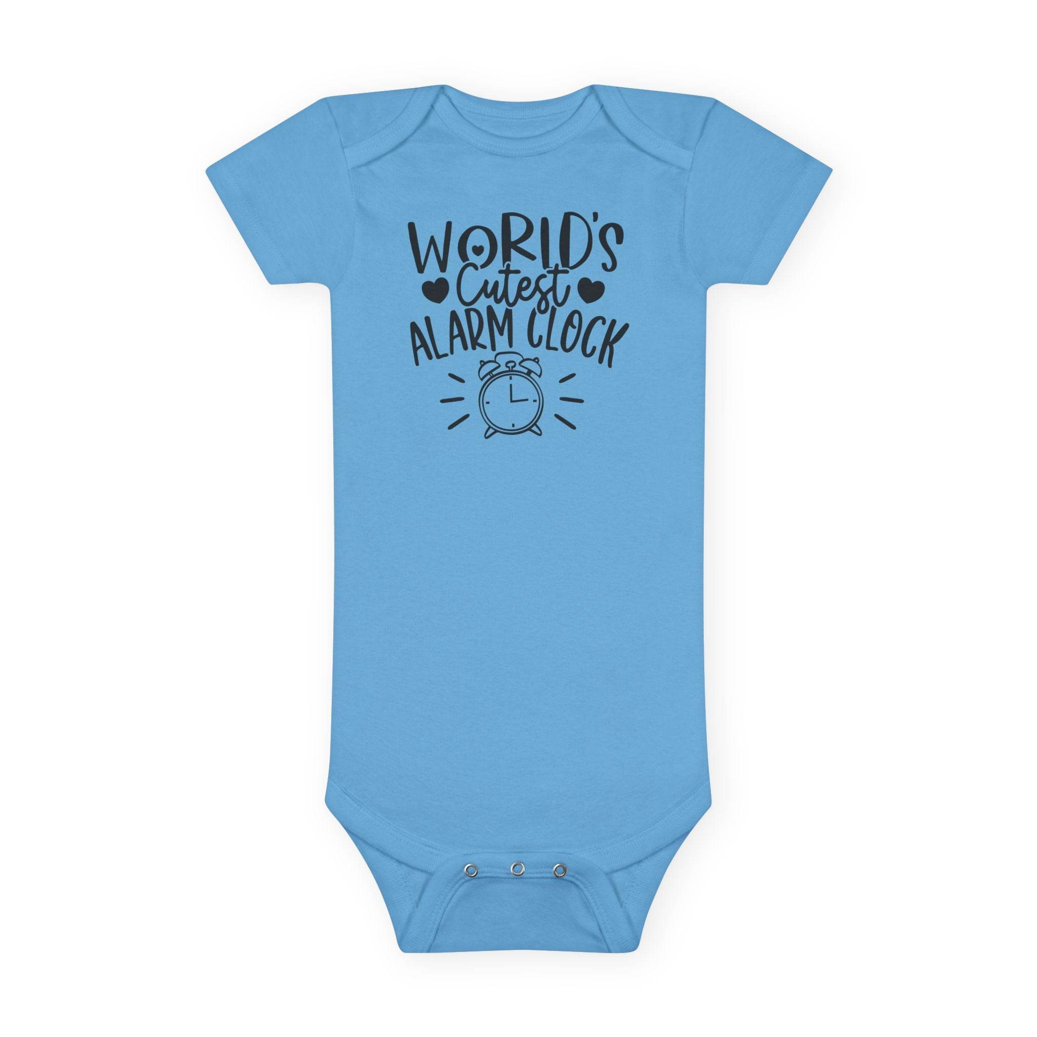 Printify blue baby onesie with World Cutest Alarm Clock text and graphic eco-friendly baby onesie