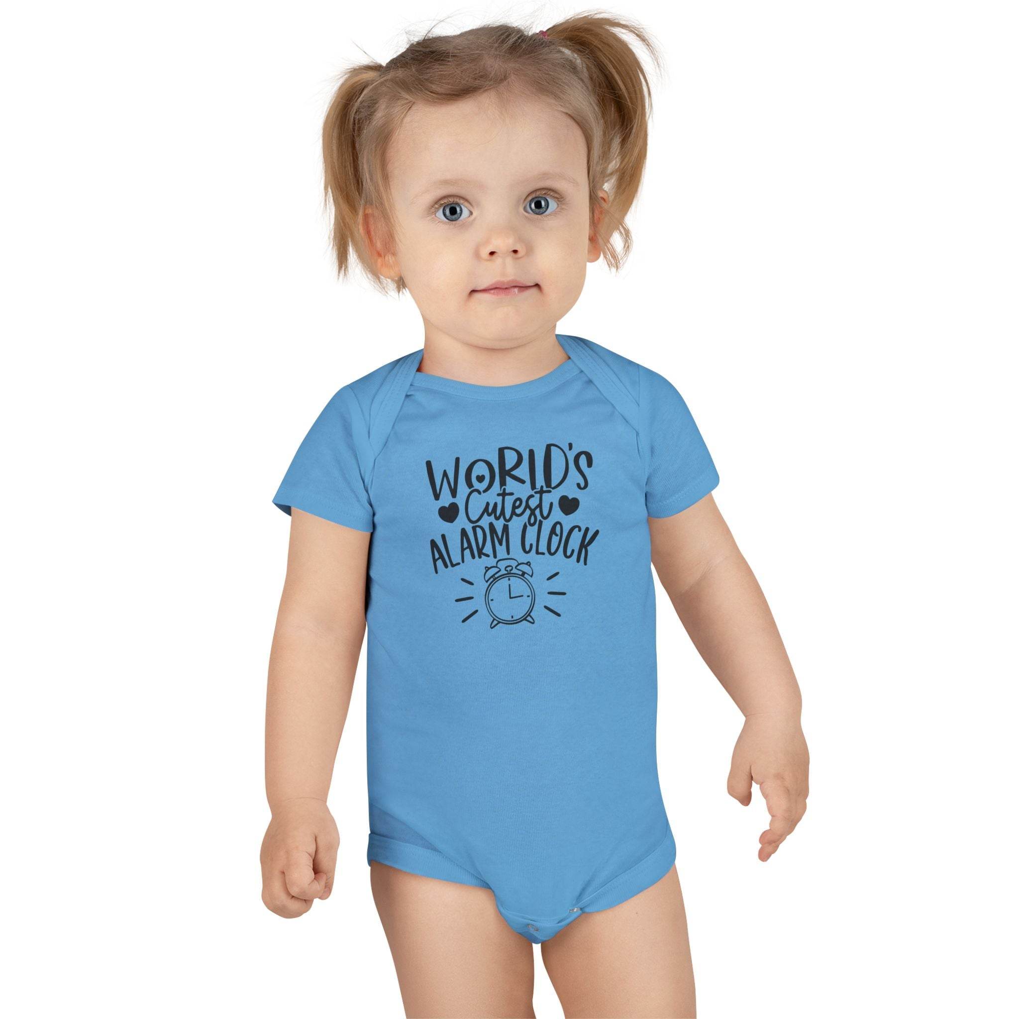 Toddler wearing light blue eco-friendly baby onesie with worlds cutest alarm clock graphic