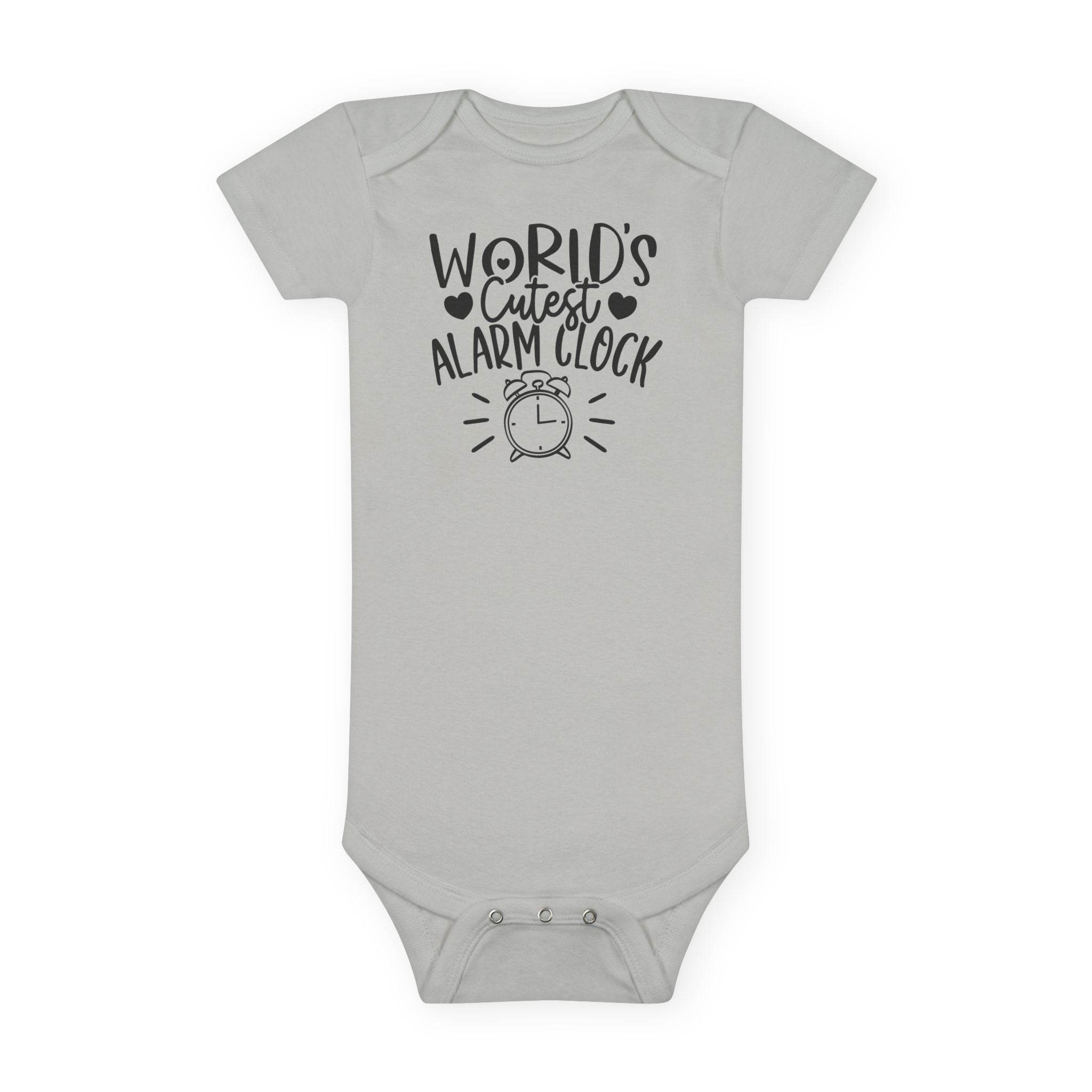 Printify gray eco-friendly baby onesie with World Cutest Alarm Clock text and alarm clock graphic