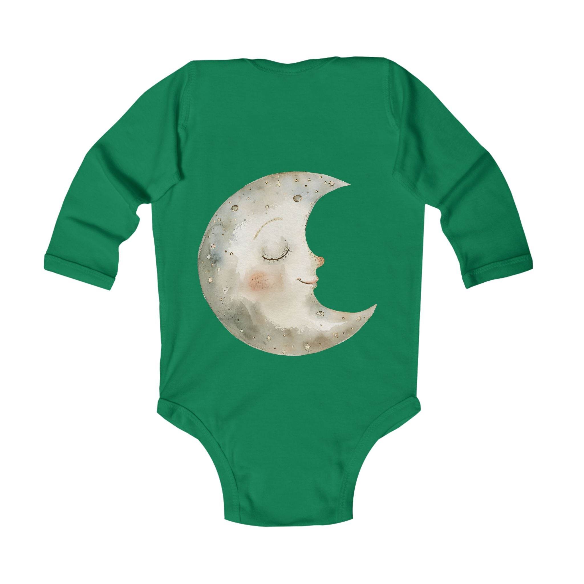 Green Printify eco-friendly baby onesie with long sleeves and a sleeping moon face design
