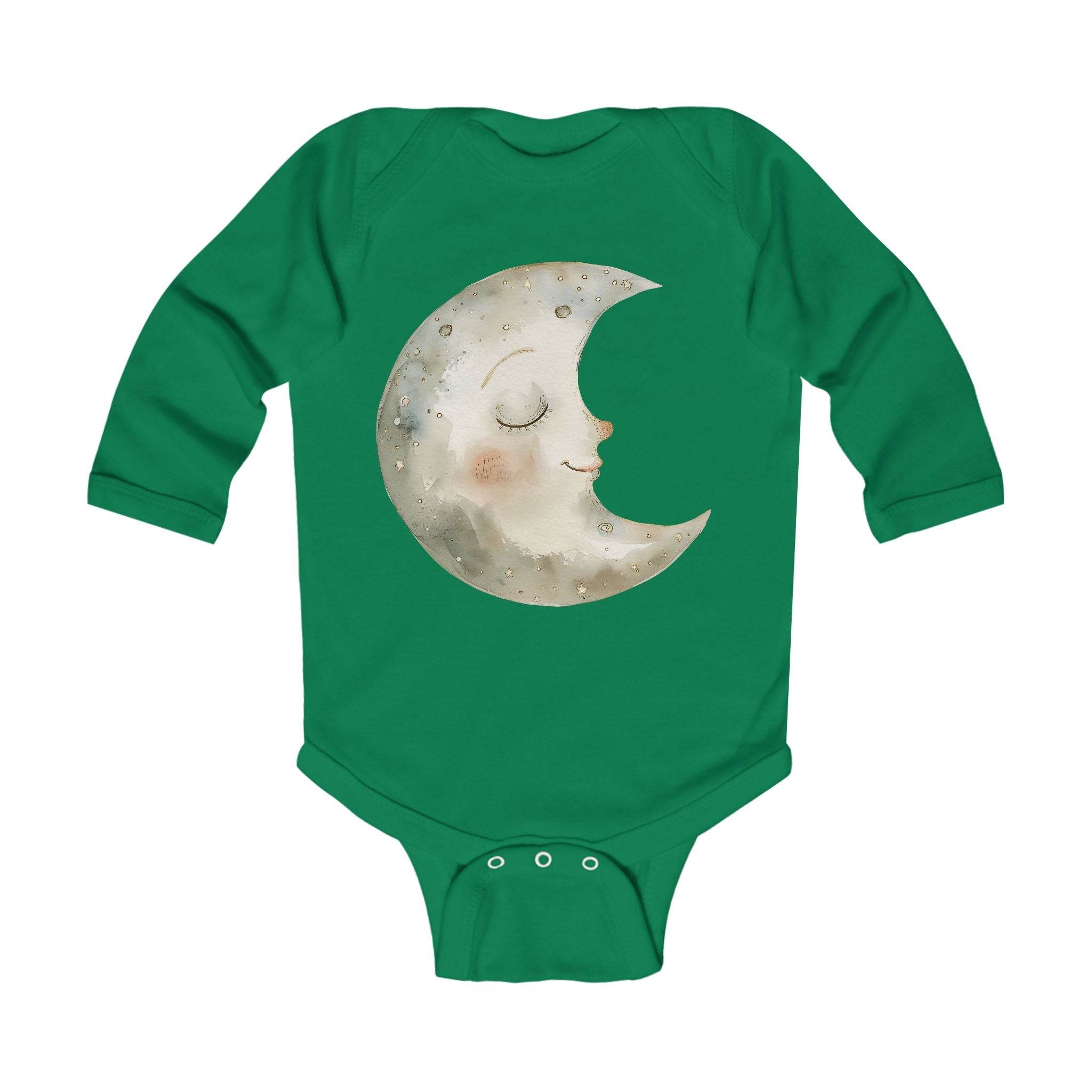 Printify green long sleeve baby onesie with smiling moon design eco-friendly baby onesie