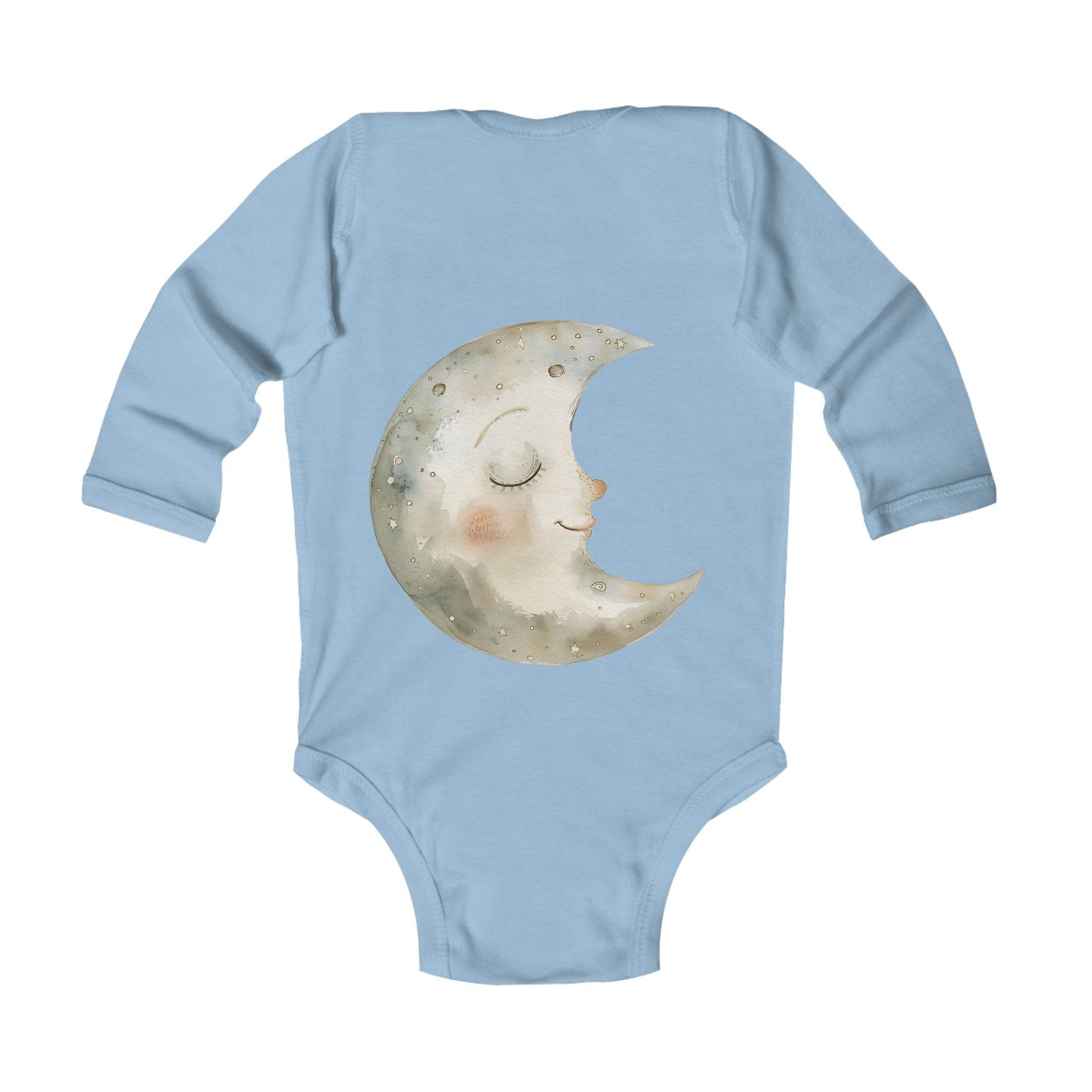 Printify blue long sleeve eco-friendly baby onesie with a sleeping moon illustration on the back