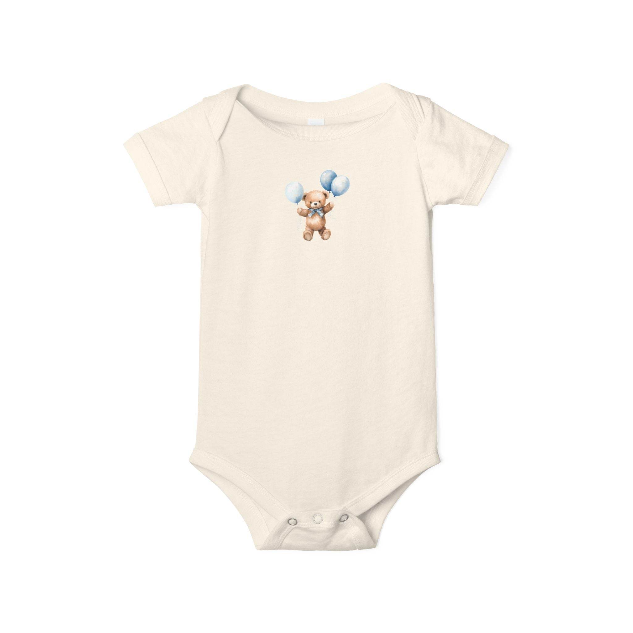 Printify eco-friendly baby onesie in cream with cute teddy bear holding blue balloons design