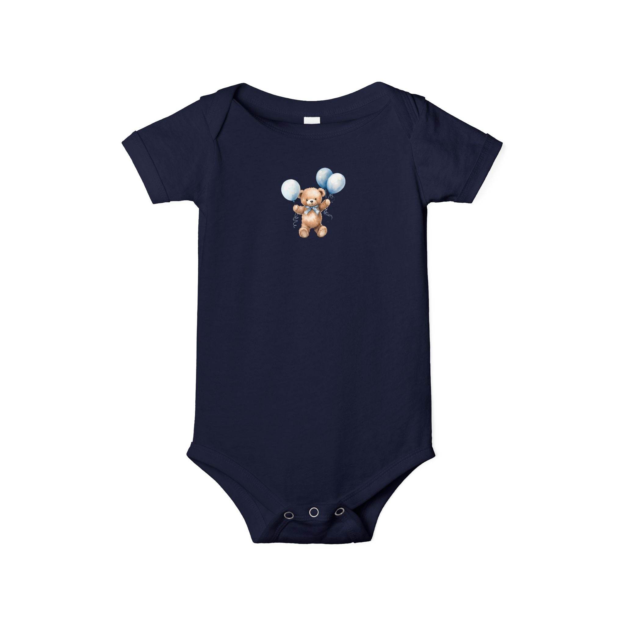Printify navy blue eco-friendly baby onesie with teddy bear and balloon design