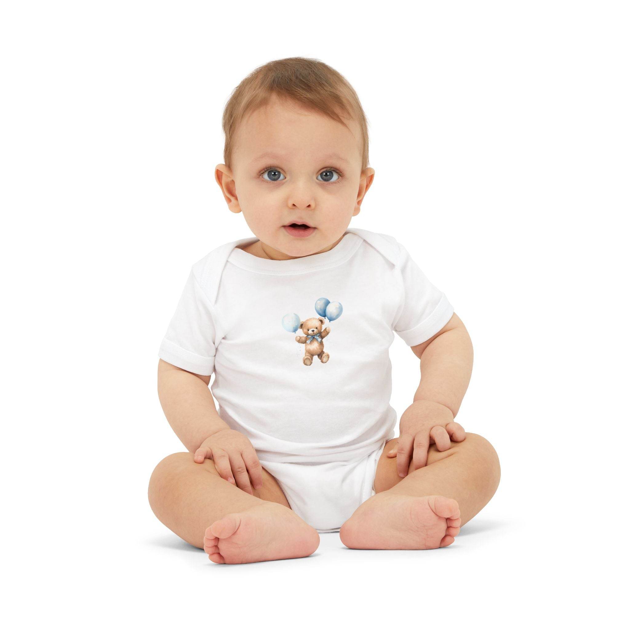 Baby wearing a white eco-friendly baby onesie with teddy bear and blue balloons print from Printify
