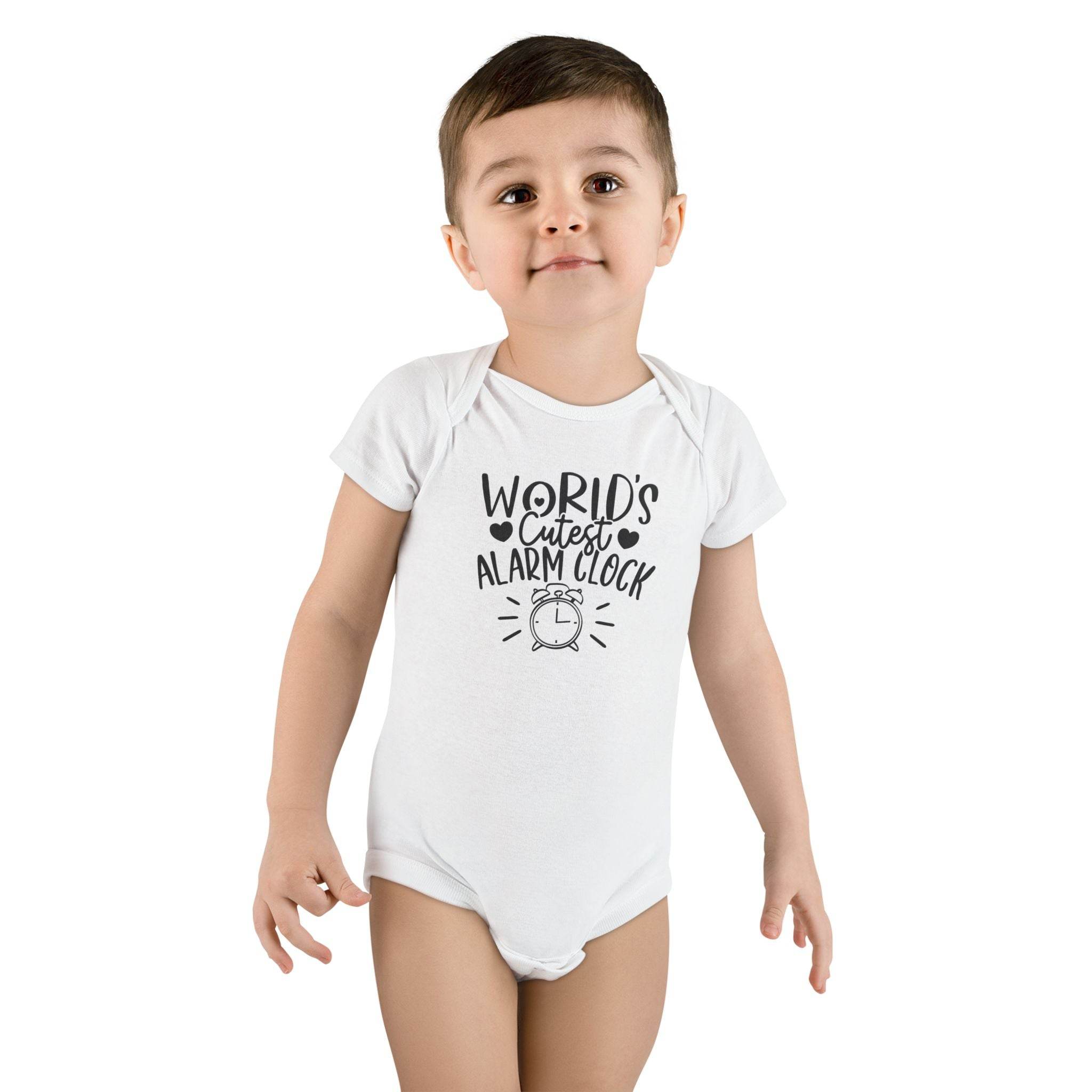 Toddler wearing Printify eco-friendly baby onesie with worlds cutest alarm clock design