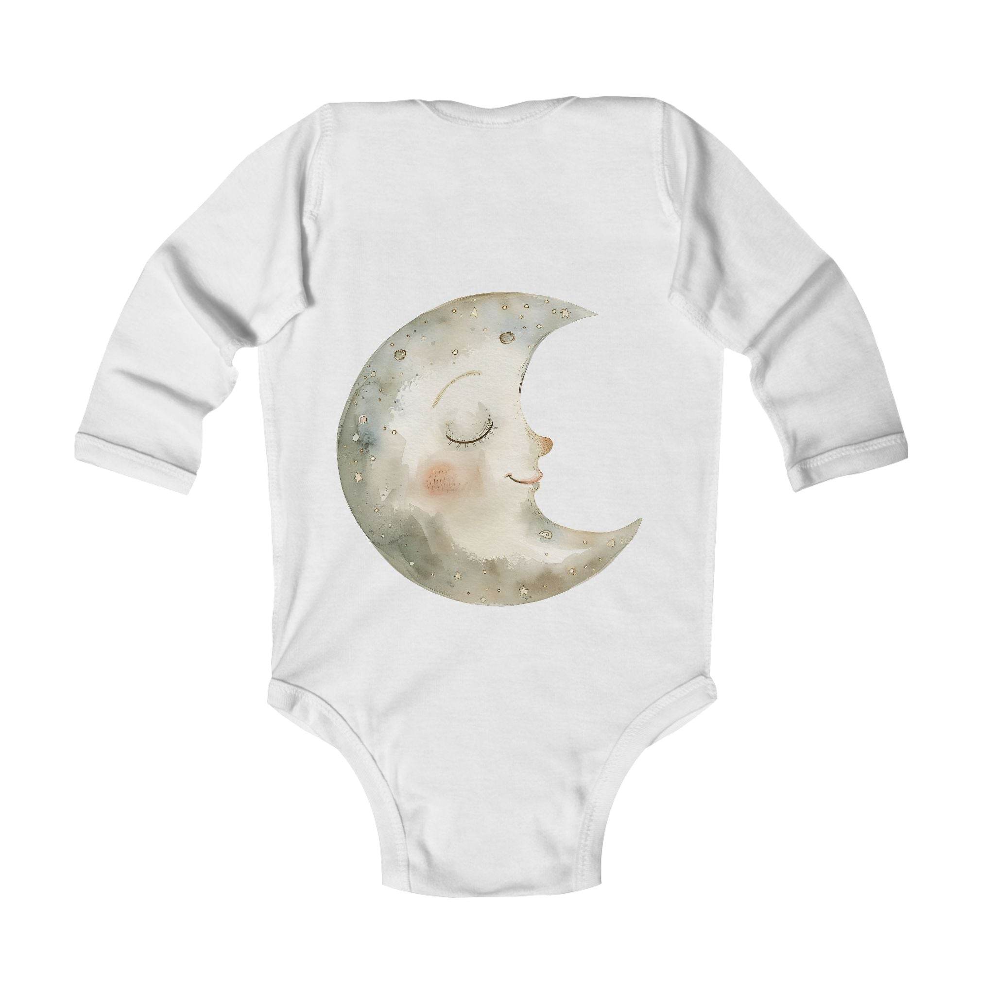 Printify eco-friendly baby onesie with long sleeves and a smiling crescent moon design