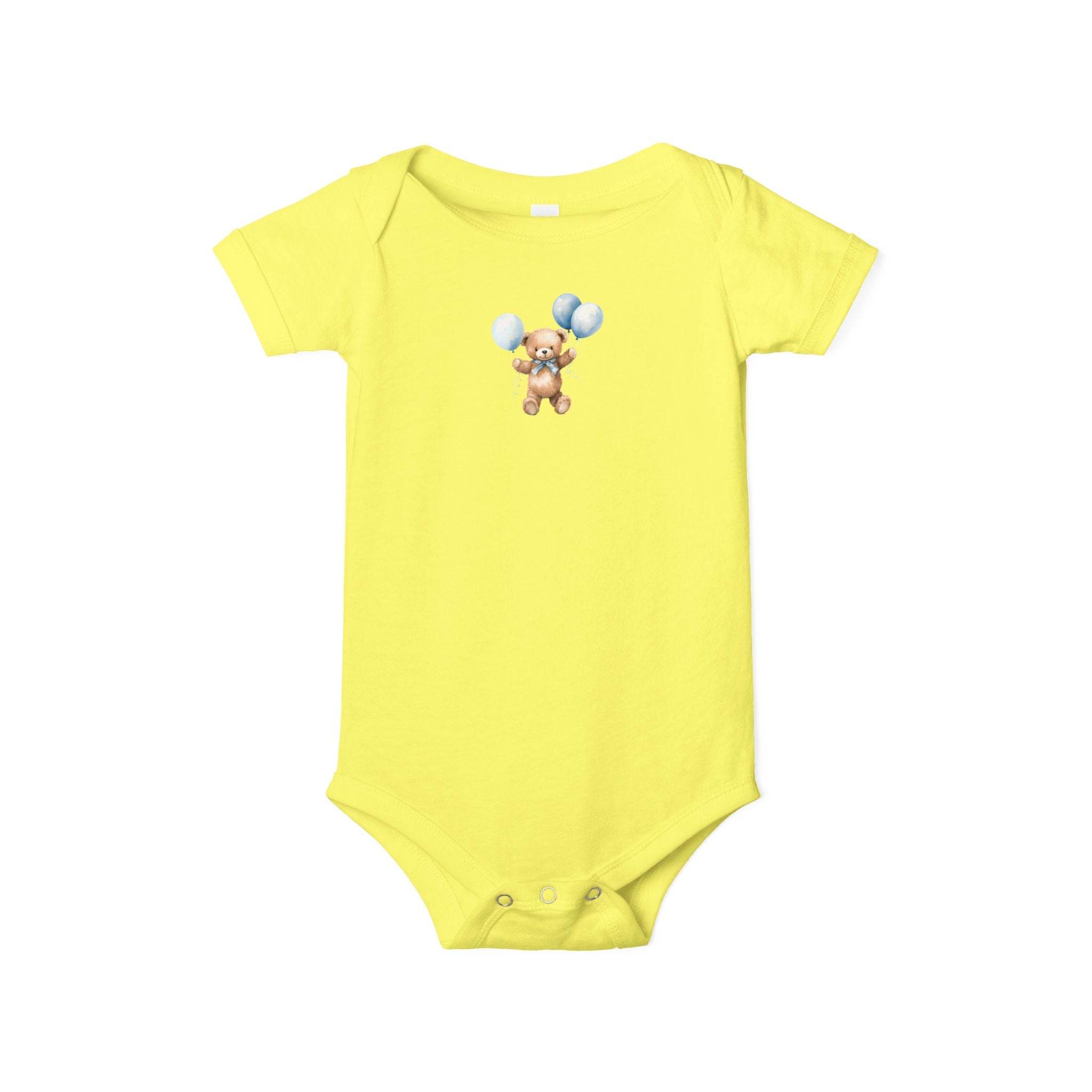 Printify yellow eco-friendly baby onesie with bear holding blue balloons graphic