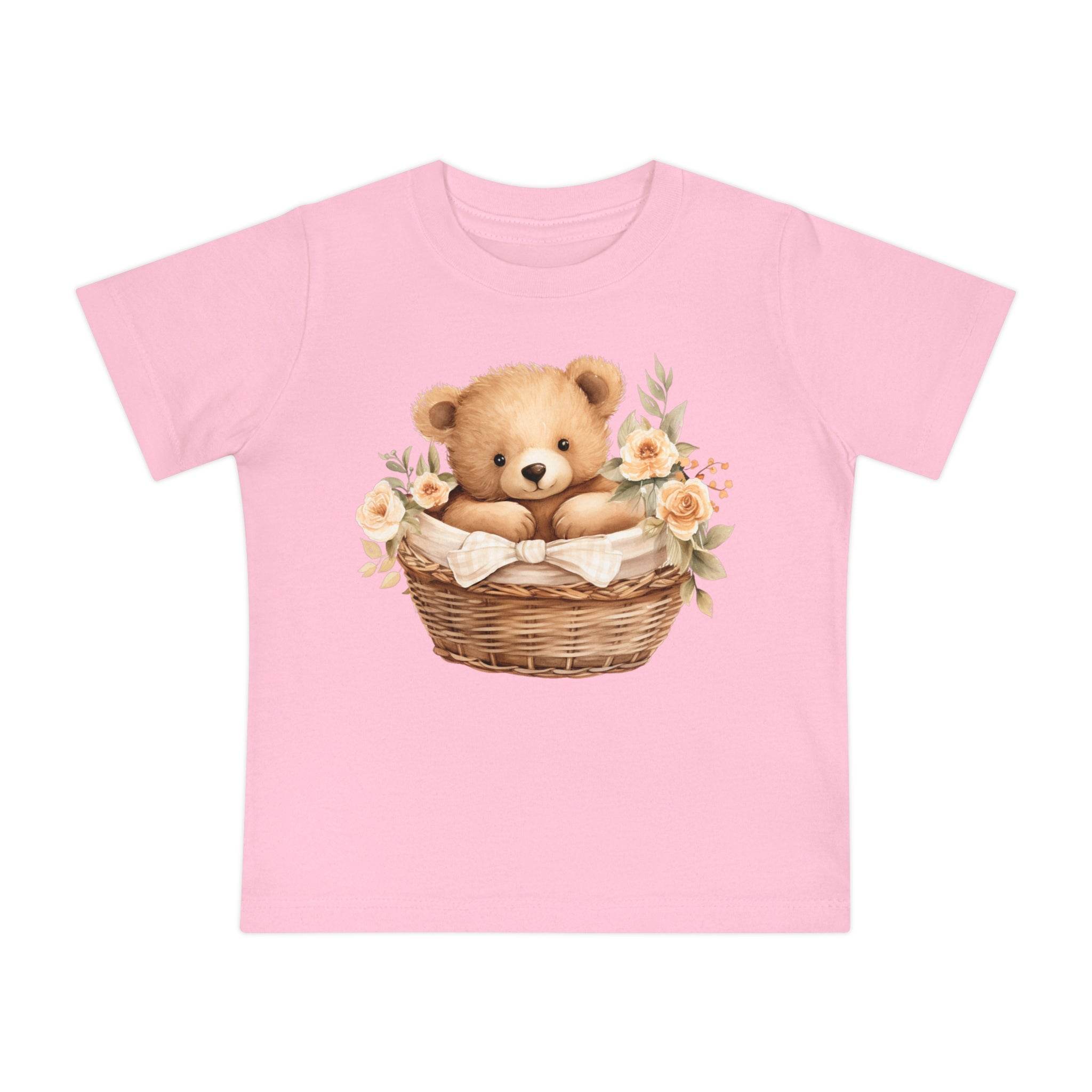 Pink eco-friendly baby t-shirt with teddy bear in basket and floral design by Printify